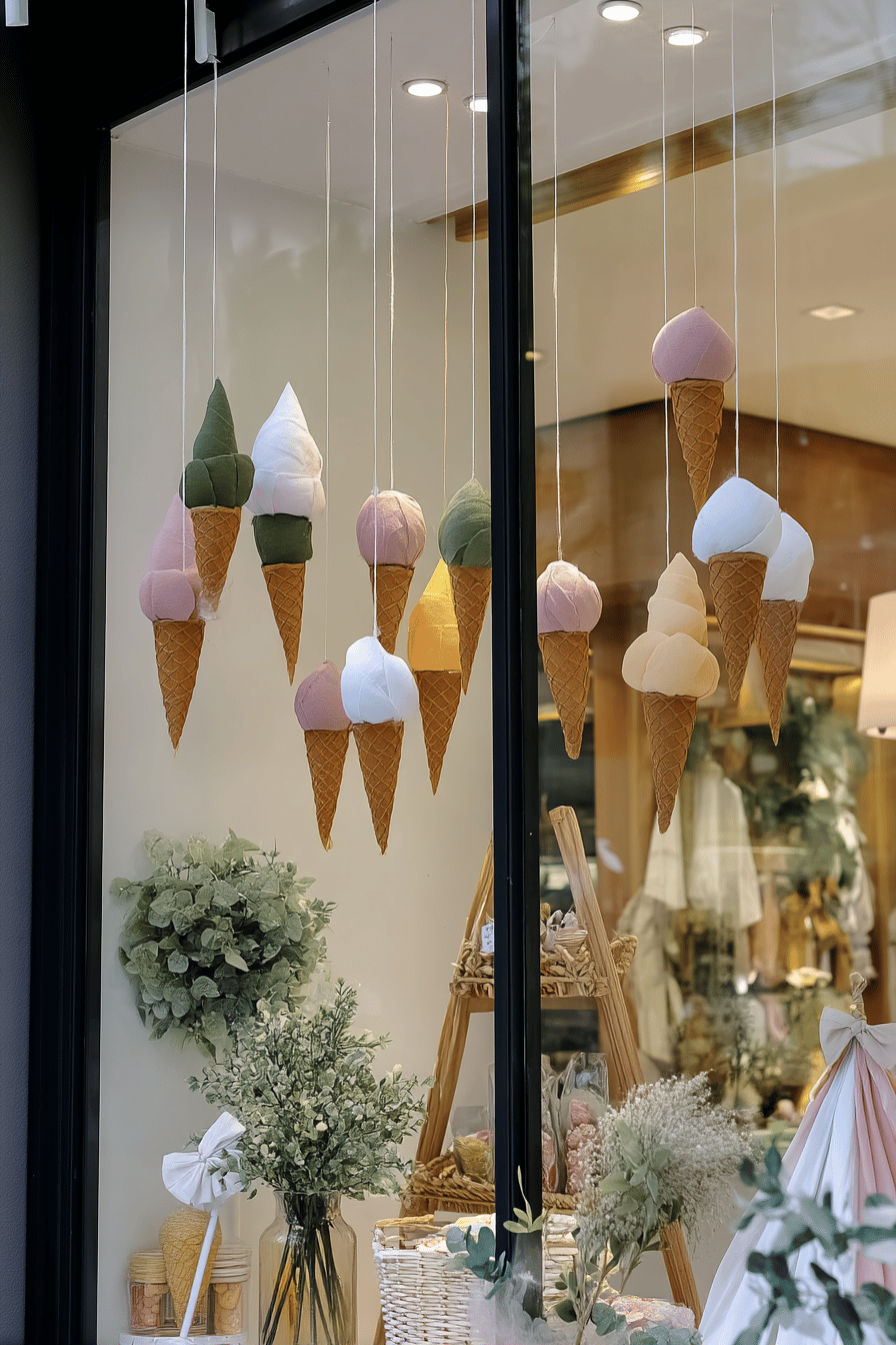 Fensterdekoration mit hängenden Eiscreme-Nachbildungen in verschiedenen Pastellfarben.