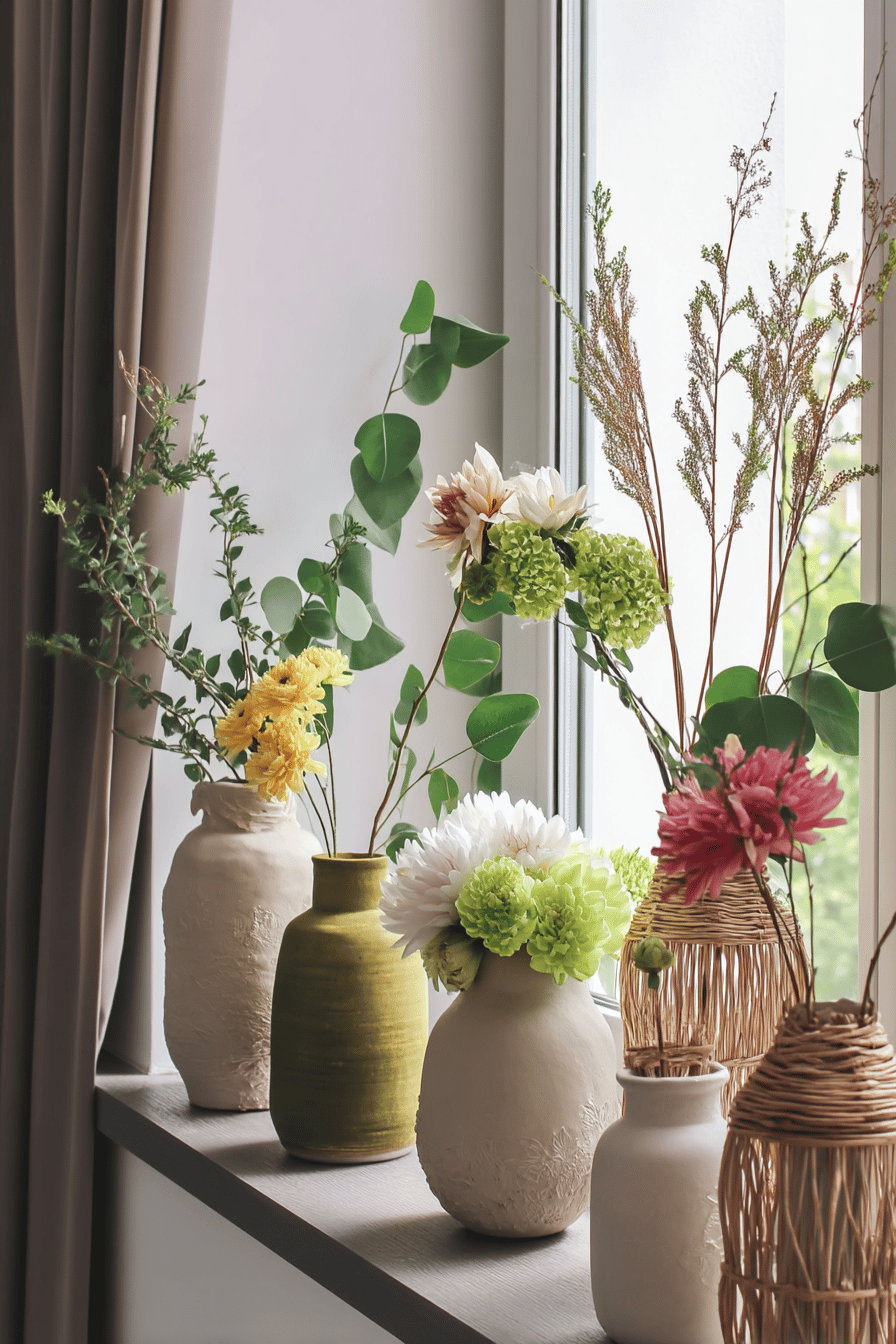 Verschiedene Vasen mit bunten Blumen auf einer Fensterbank.