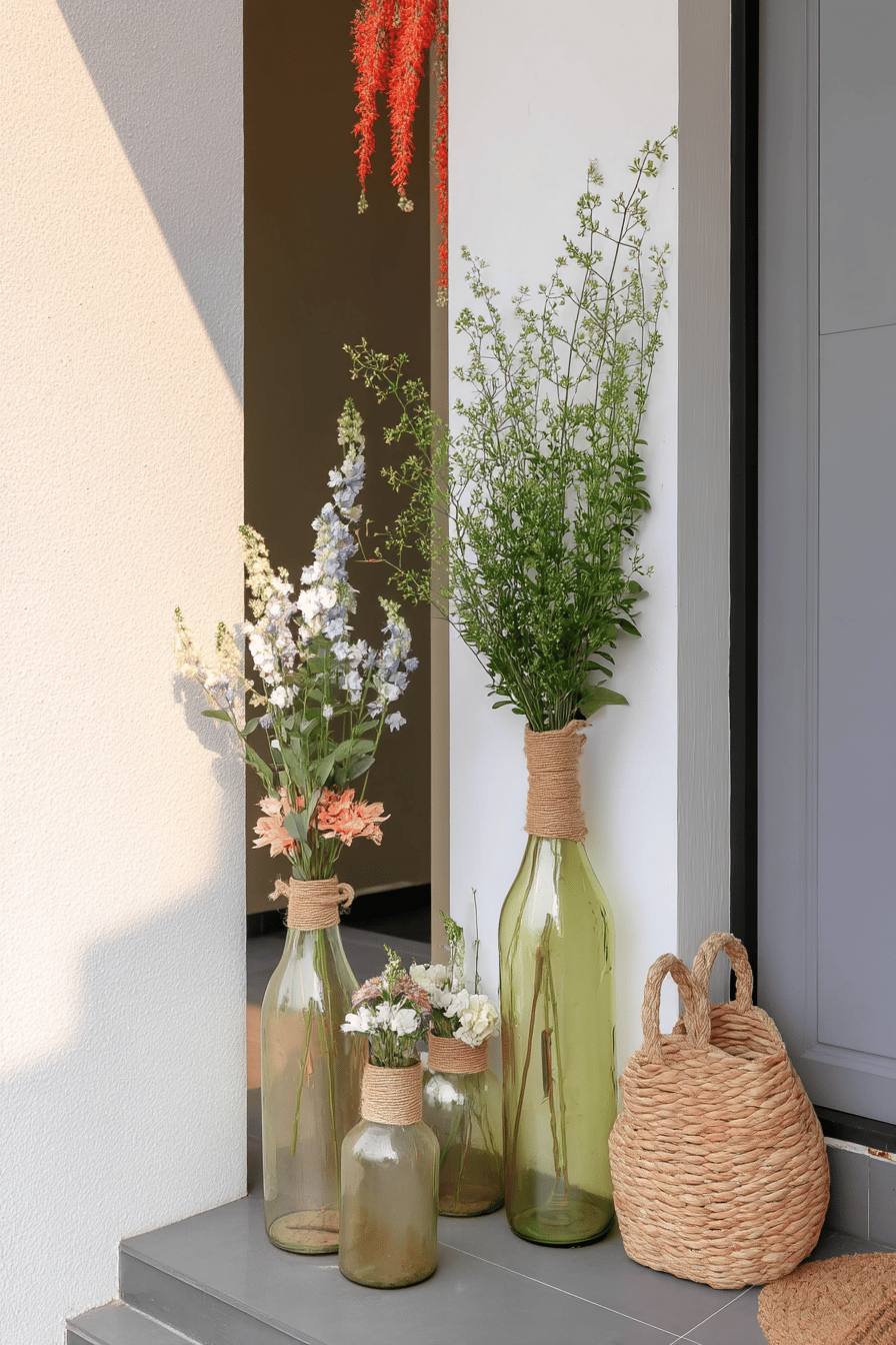 Mehrere Flaschen, die als Vasen mit Blumen gefüllt sind, stehen neben einem Hauseingang.