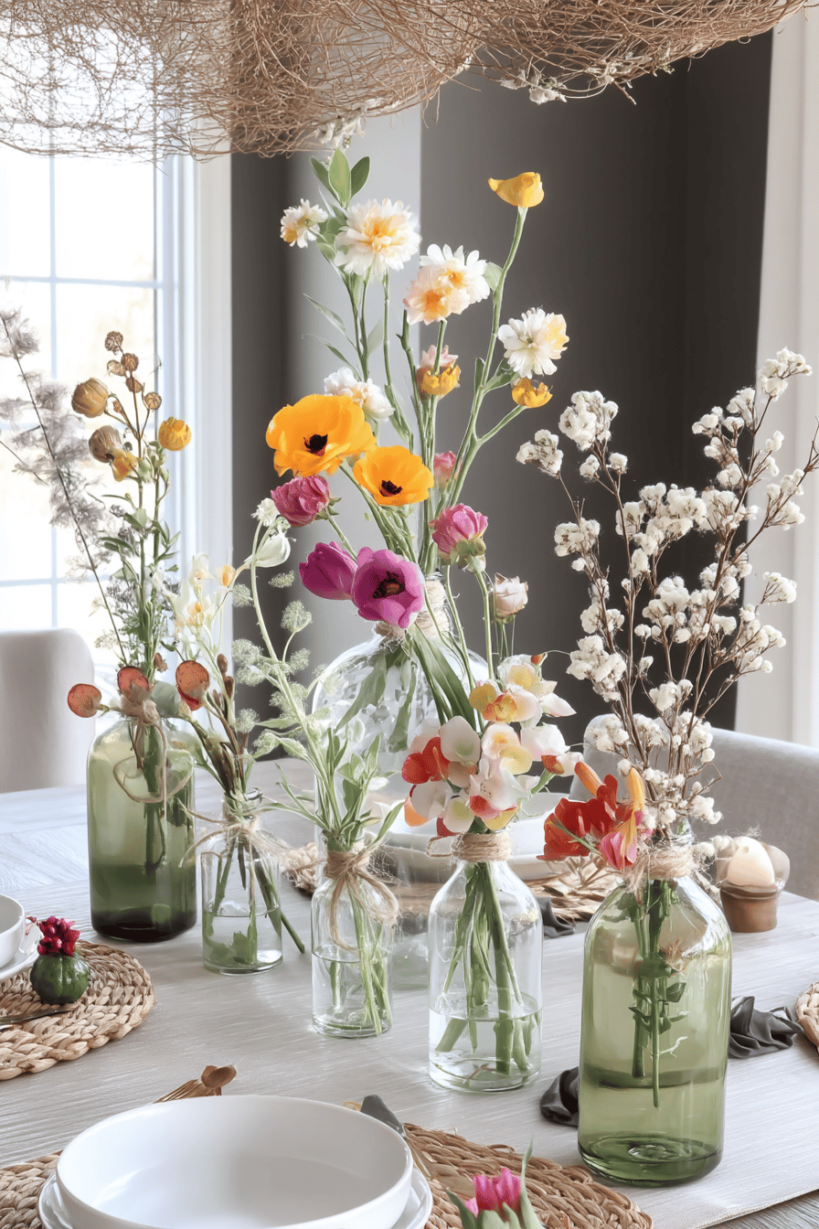 Verschiedene Blumen in Glasvasen auf einem Tisch arrangiert.
