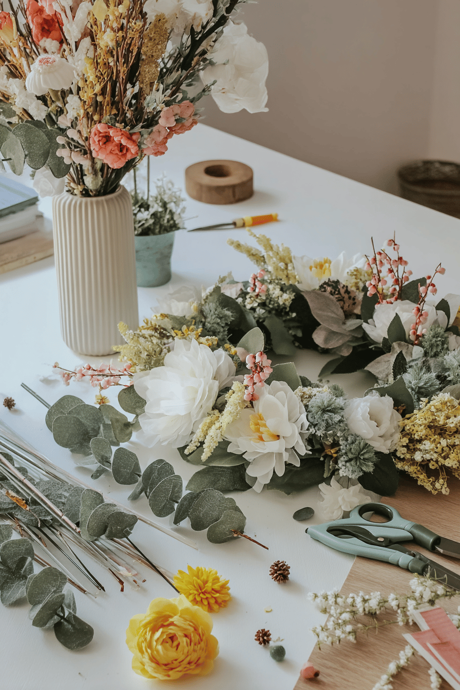 Ein Tisch mit Blumenkranz und Bastelmaterialien für DIY-Dekoration.