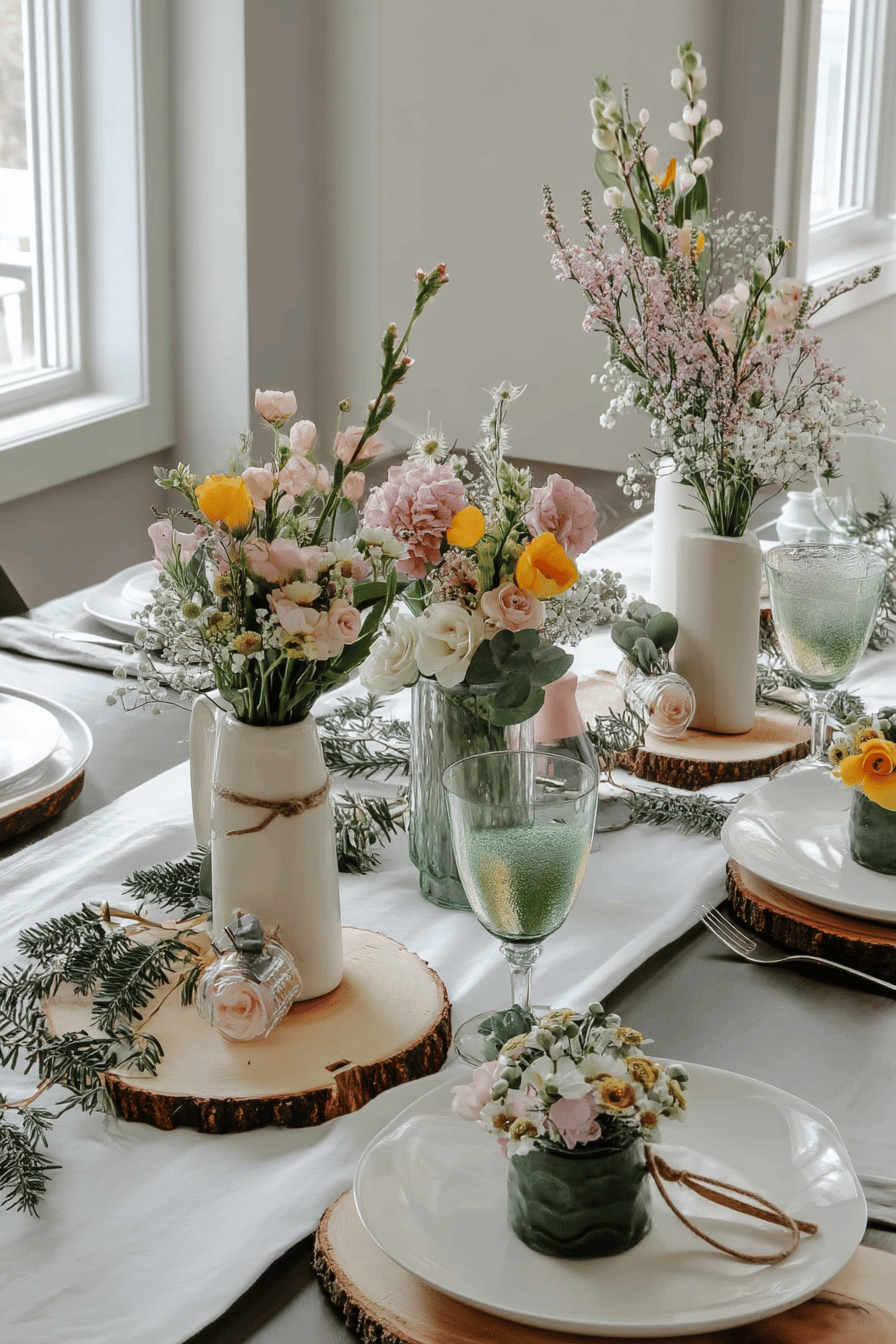 Ein elegant gedeckter Tisch mit Blumensträußen in Vasen auf Holzscheiben.