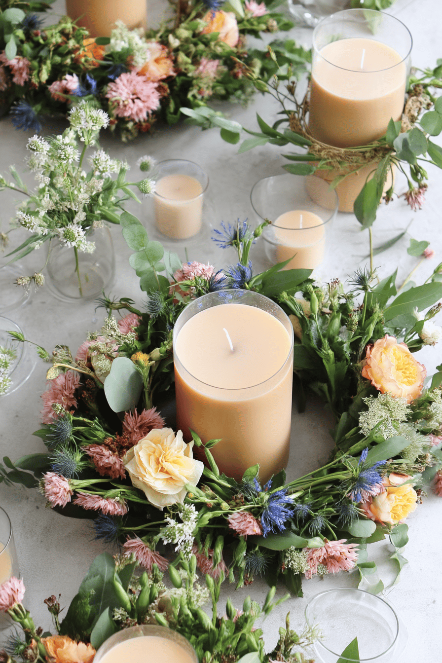 Ein Tisch mit großen und kleinen Kerzen umgeben von bunten Frühlingsblumen, darunter Rosen und andere Blüten.
