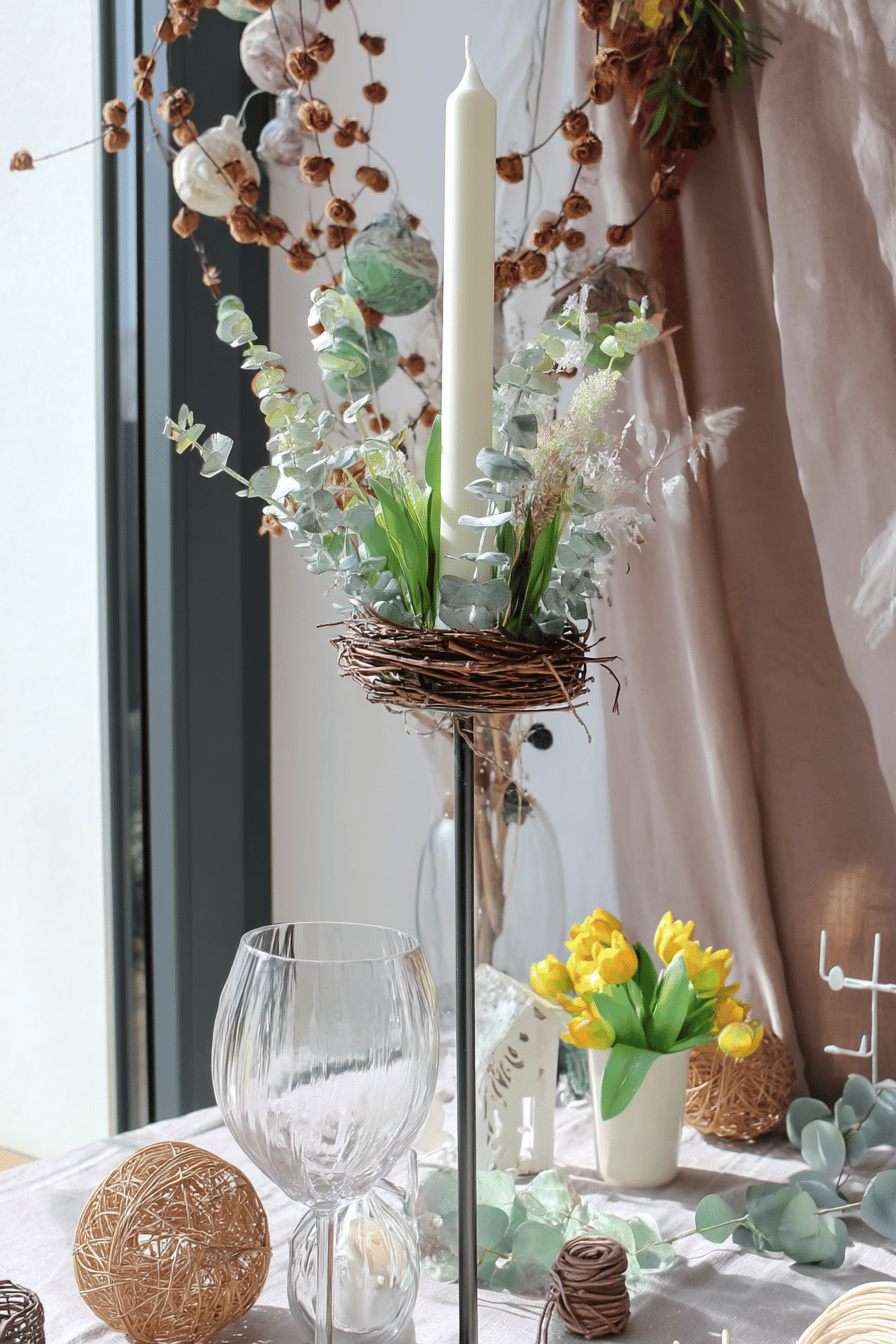 Frühlingshafte Tischdekoration mit Kerzenhalter aus Zweigen und Blumenarrangement.