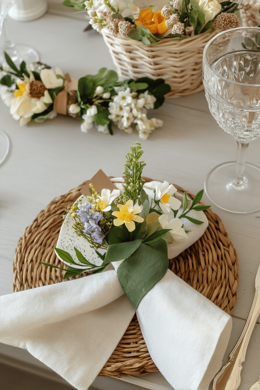 Ein Frühlingsgesteck aus Blumen auf einer gefalteten Serviette, dekorativ auf einem Tisch arrangiert.
