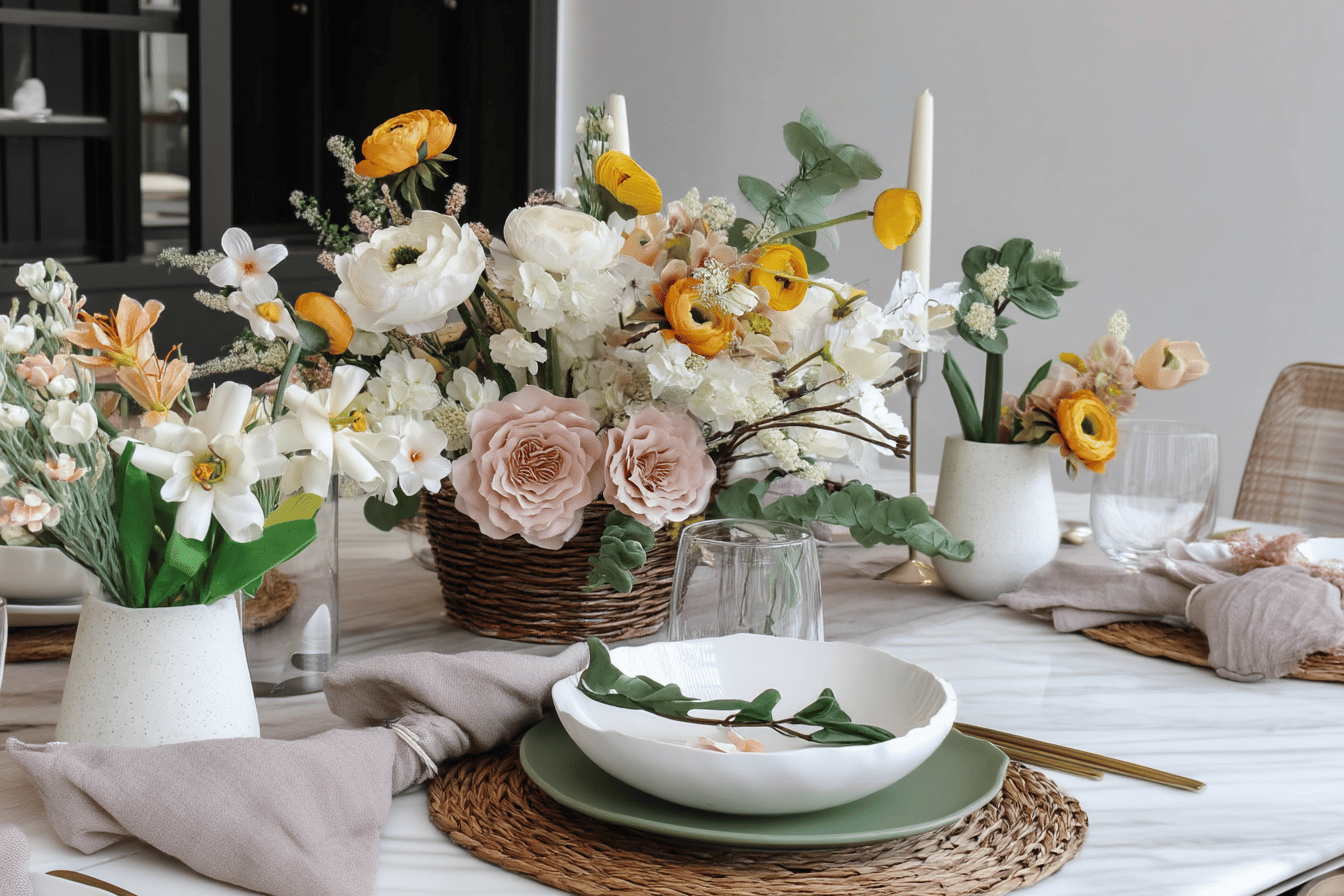 Elegante Tischdekoration mit Blumen und Geschirr