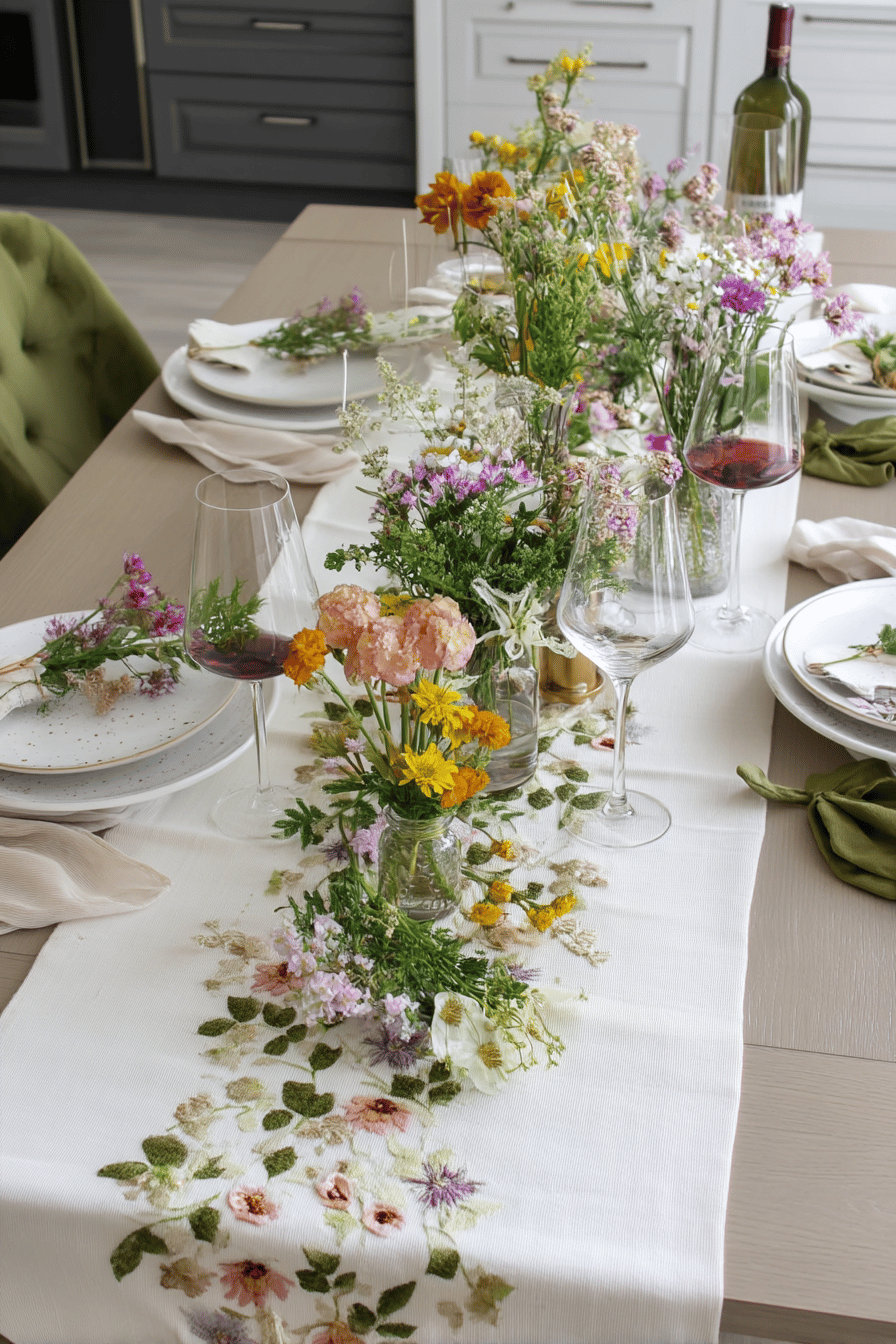Ein liebevoll gedeckter Tisch mit floral besticktem Tischläufer und frischen Blumen.