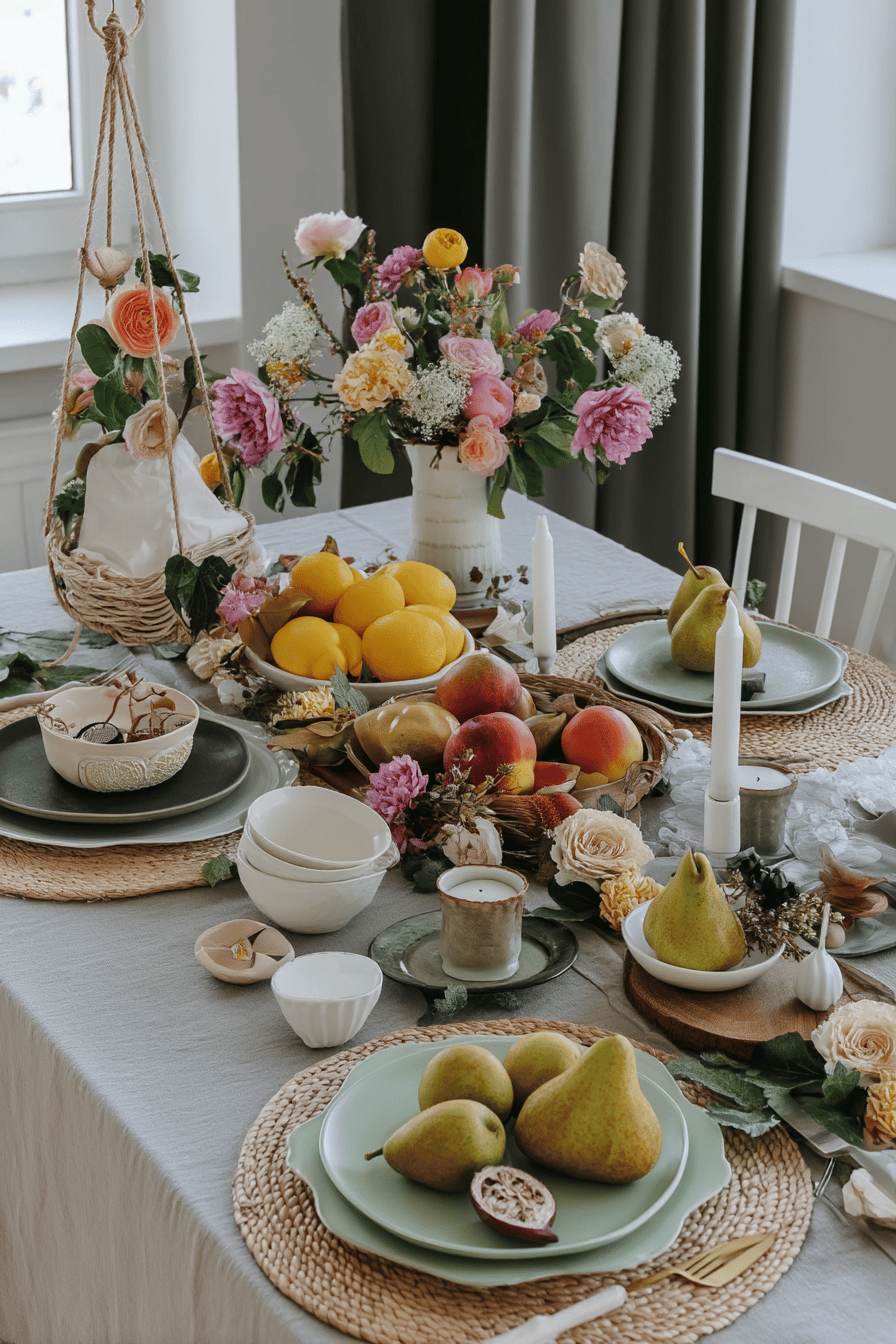 Ein schön gedeckter Tisch mit Früchten und Blumen als Dekoration.