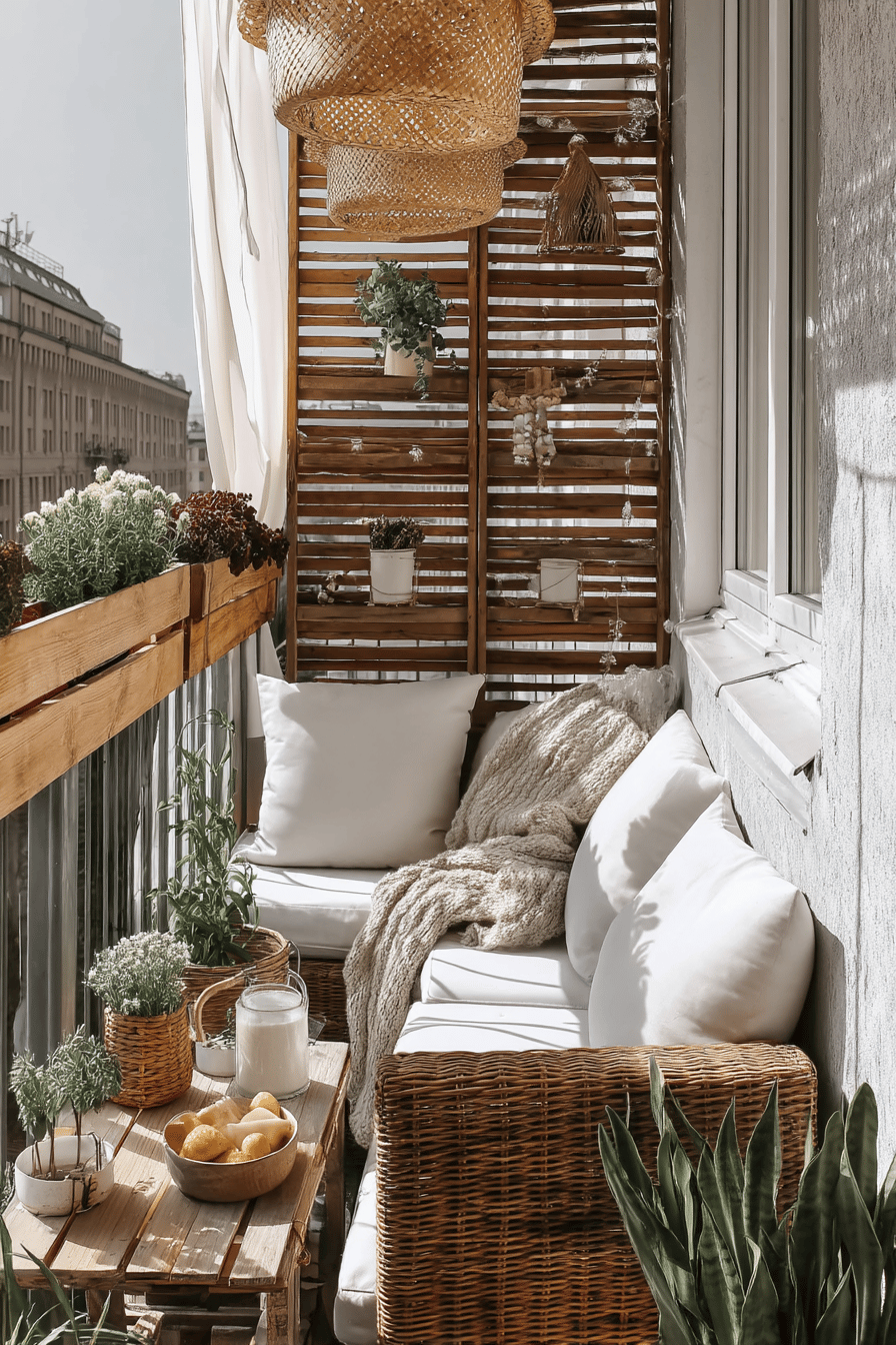 Ein kleiner Balkon mit gemütlichen Rattanmöbeln, Pflanzen und Dekoration.