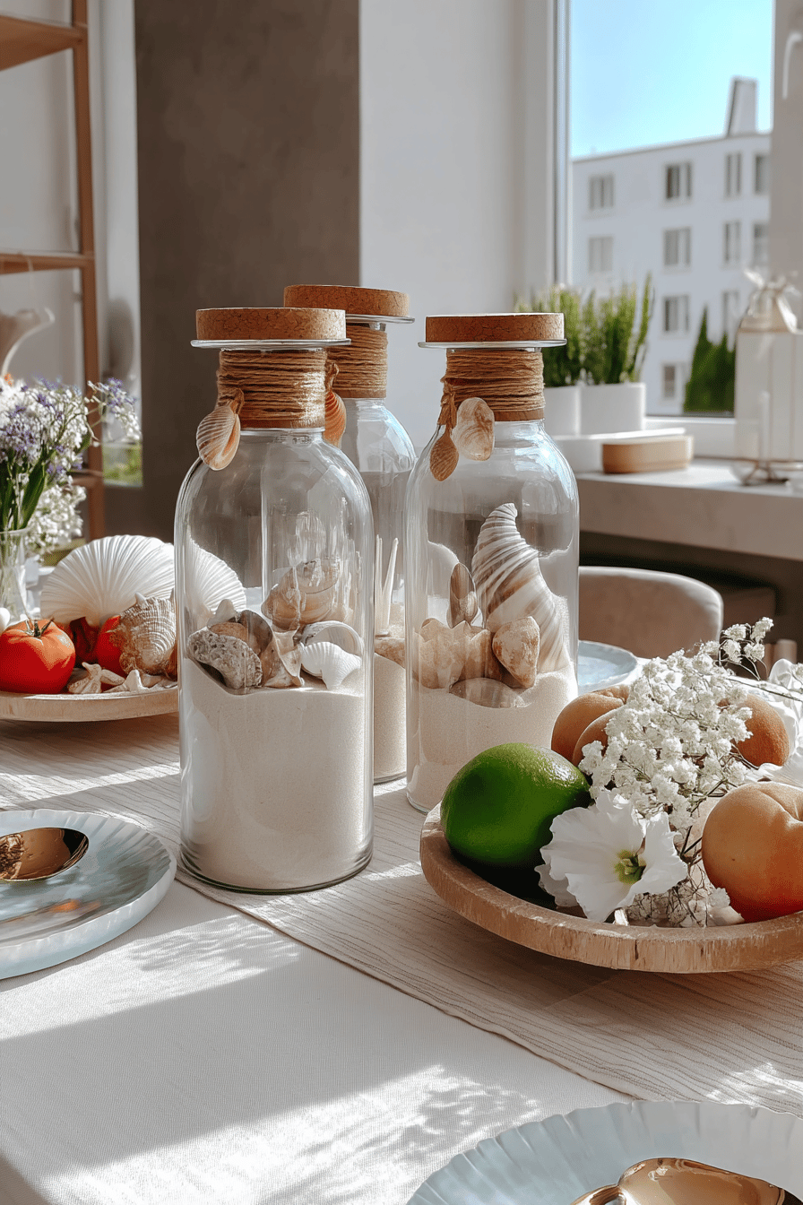 Glasgefäße gefüllt mit Sand und Muscheln, dekoriert auf einem Tisch mit Obst und Blumen.