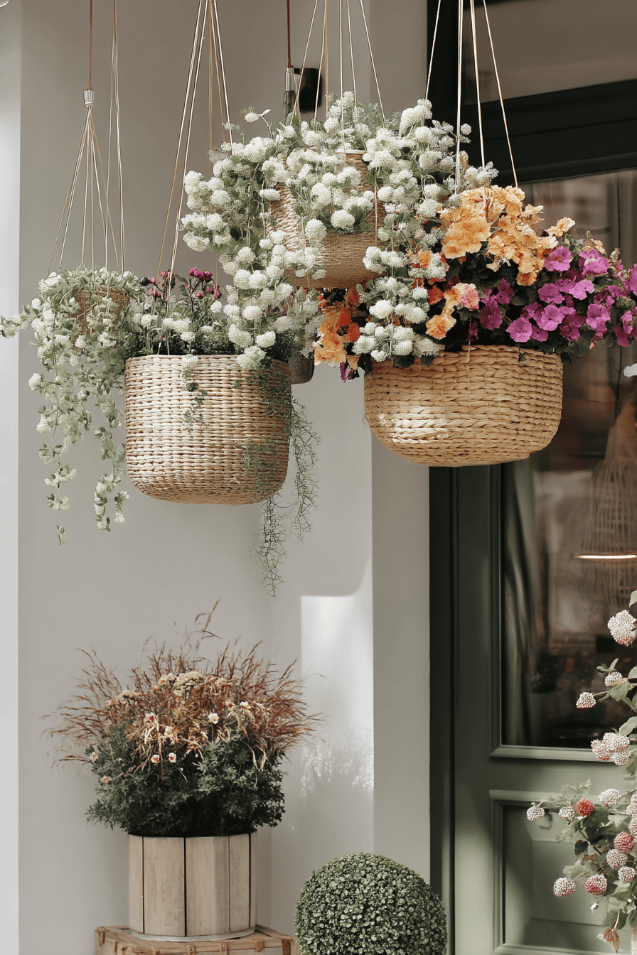 Hängende Blumenkörbe mit bunten Blumen vor einem Hauseingang.