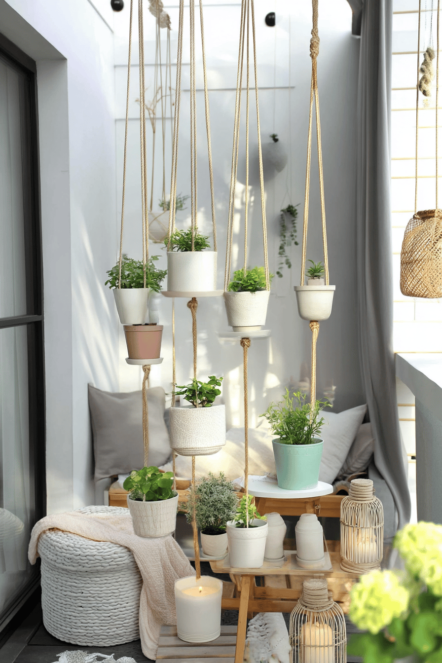 Mehrere Hängetöpfe mit Pflanzen auf einem kleinen Balkon im Boho-Stil.