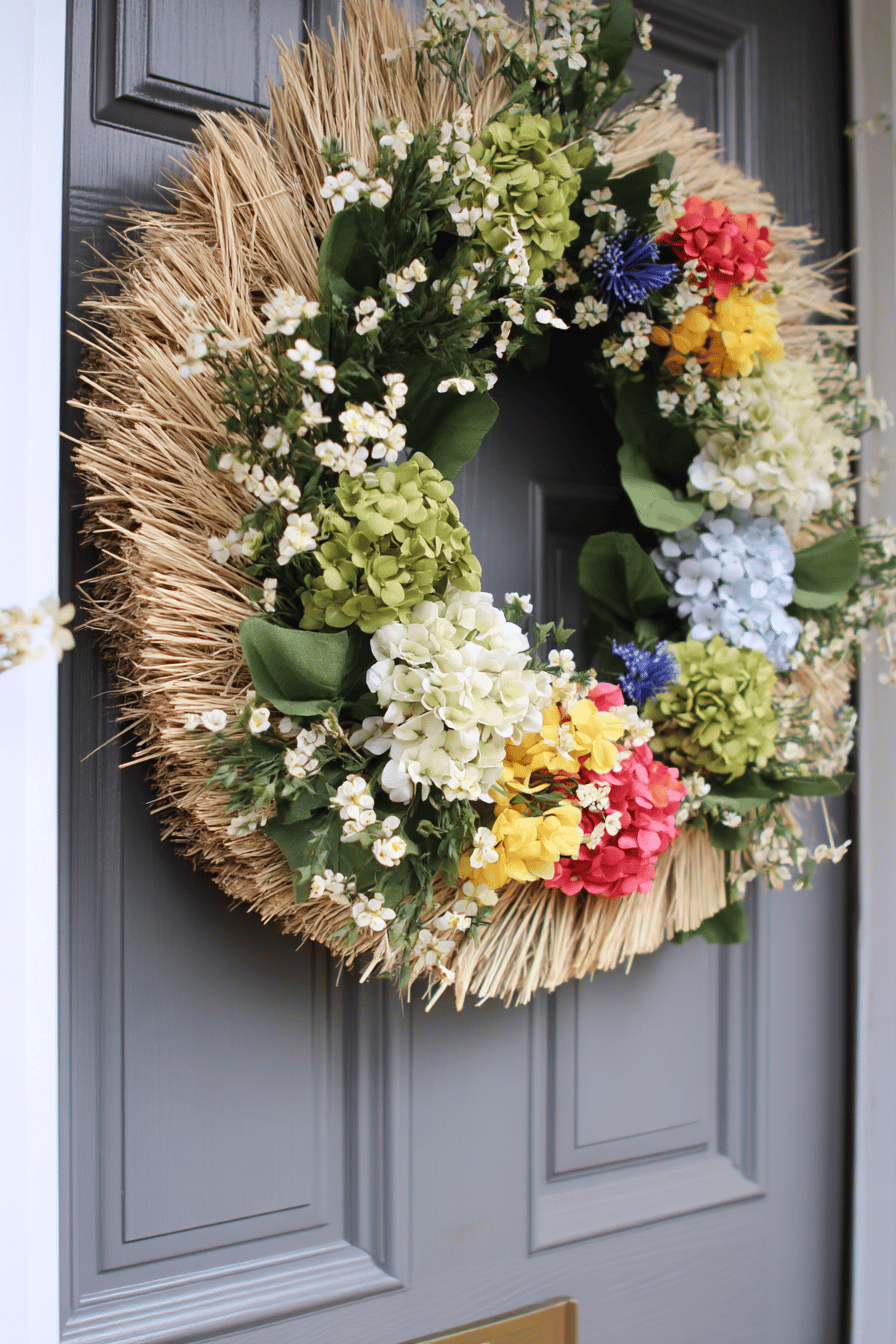 Ein Heukranz mit bunten Blumen und grünen Blättern, der an einer Tür hängt.