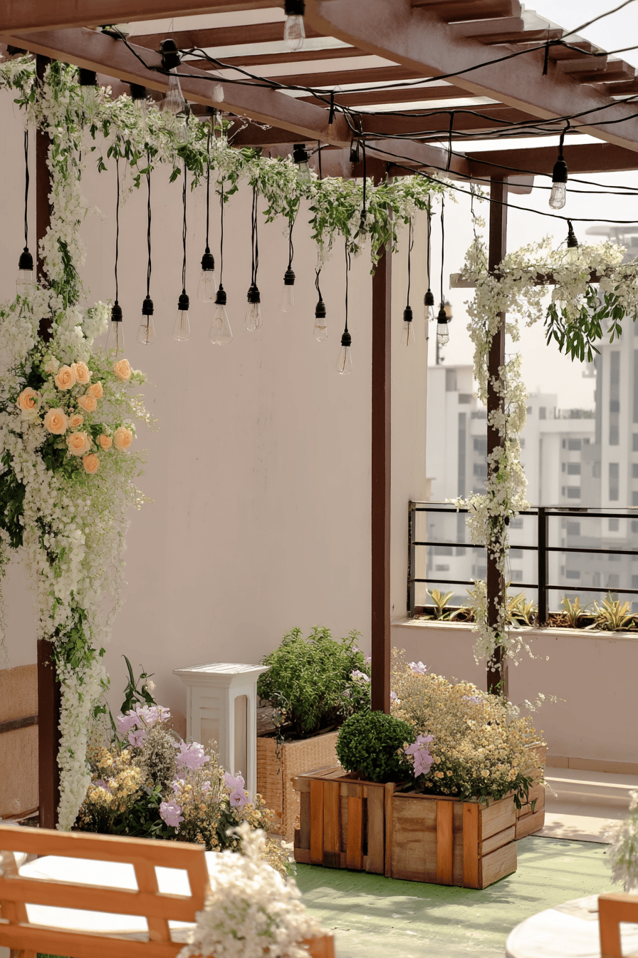 Dekorierte Terrasse mit Blumen und hängenden Lichtern für eine Hochzeit.