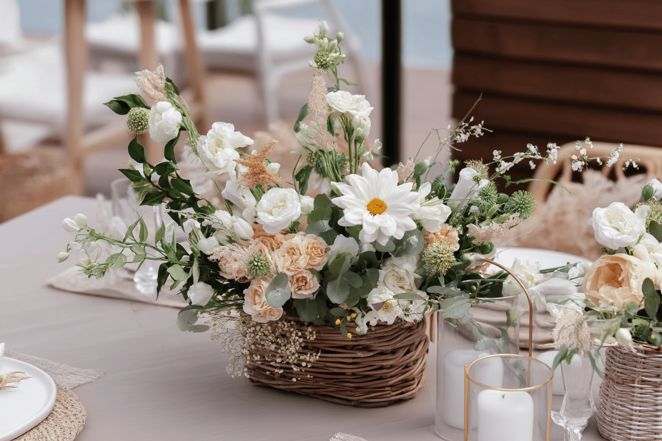 Blumenarrangement auf einem Tisch.