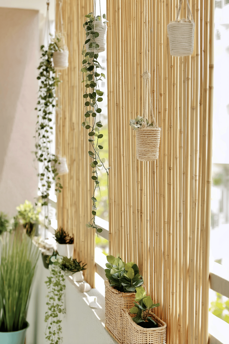 Holzlamellenwand mit hängenden Pflanzen als Sichtschutz auf einem Balkon.