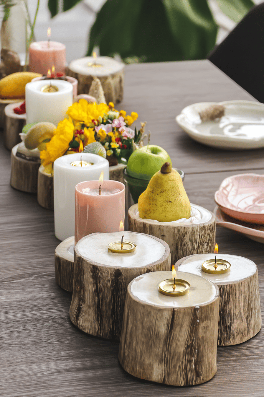 Holzstämme als Kerzenhalter mit bunten Kerzen und Früchten auf einem Tisch arrangiert.
