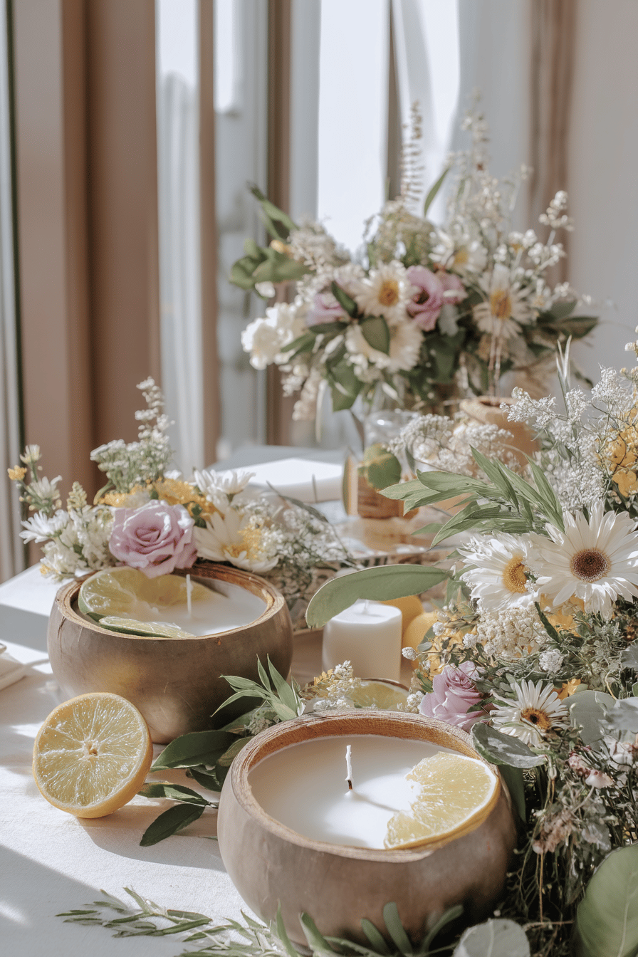 Sommerliche Tischdekoration mit Kerzen in ausgehöhlten Orangen, umgeben von Blumen.
