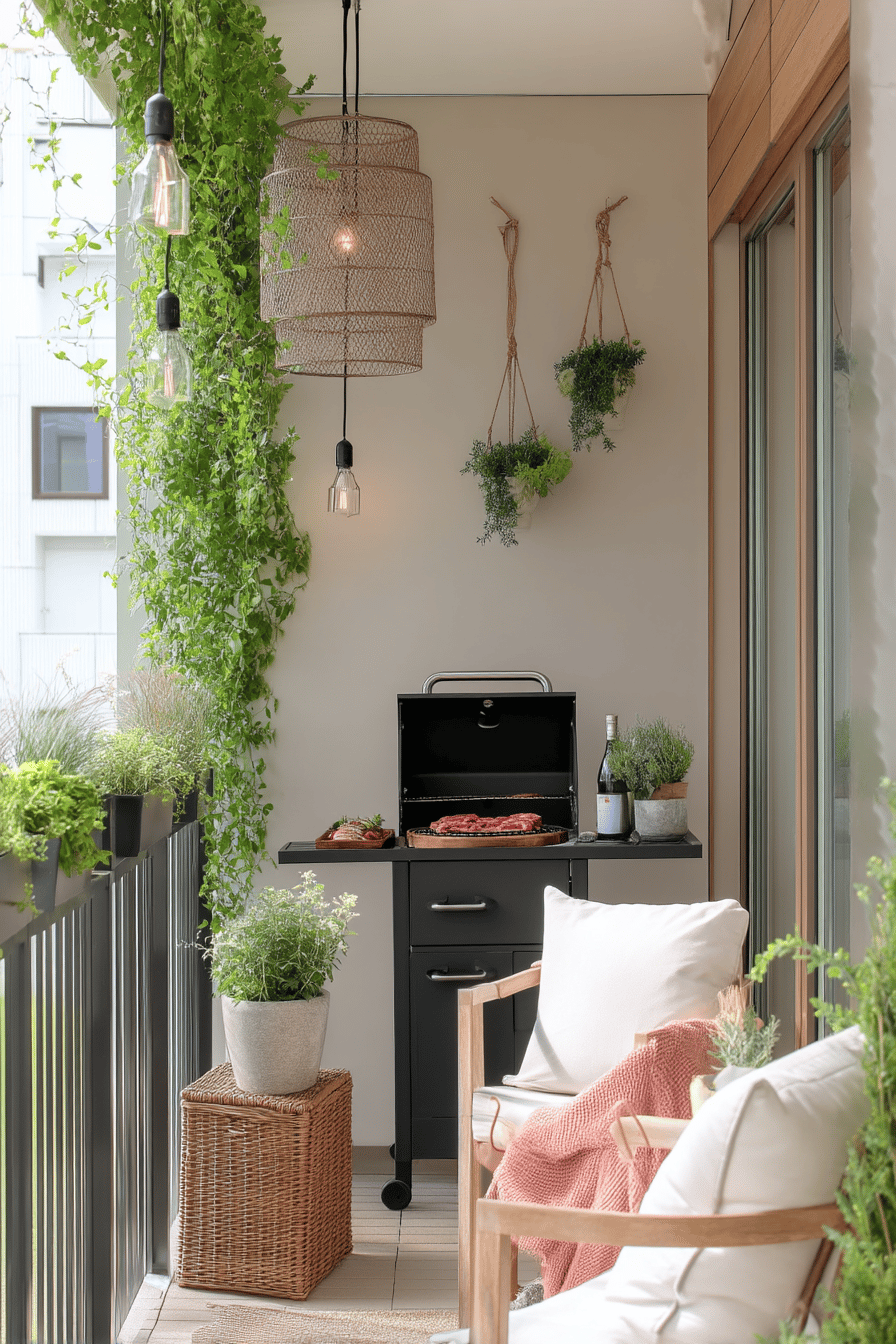 Gemütlicher Balkon mit kleinem Grill, Pflanzen und Sitzgelegenheit.