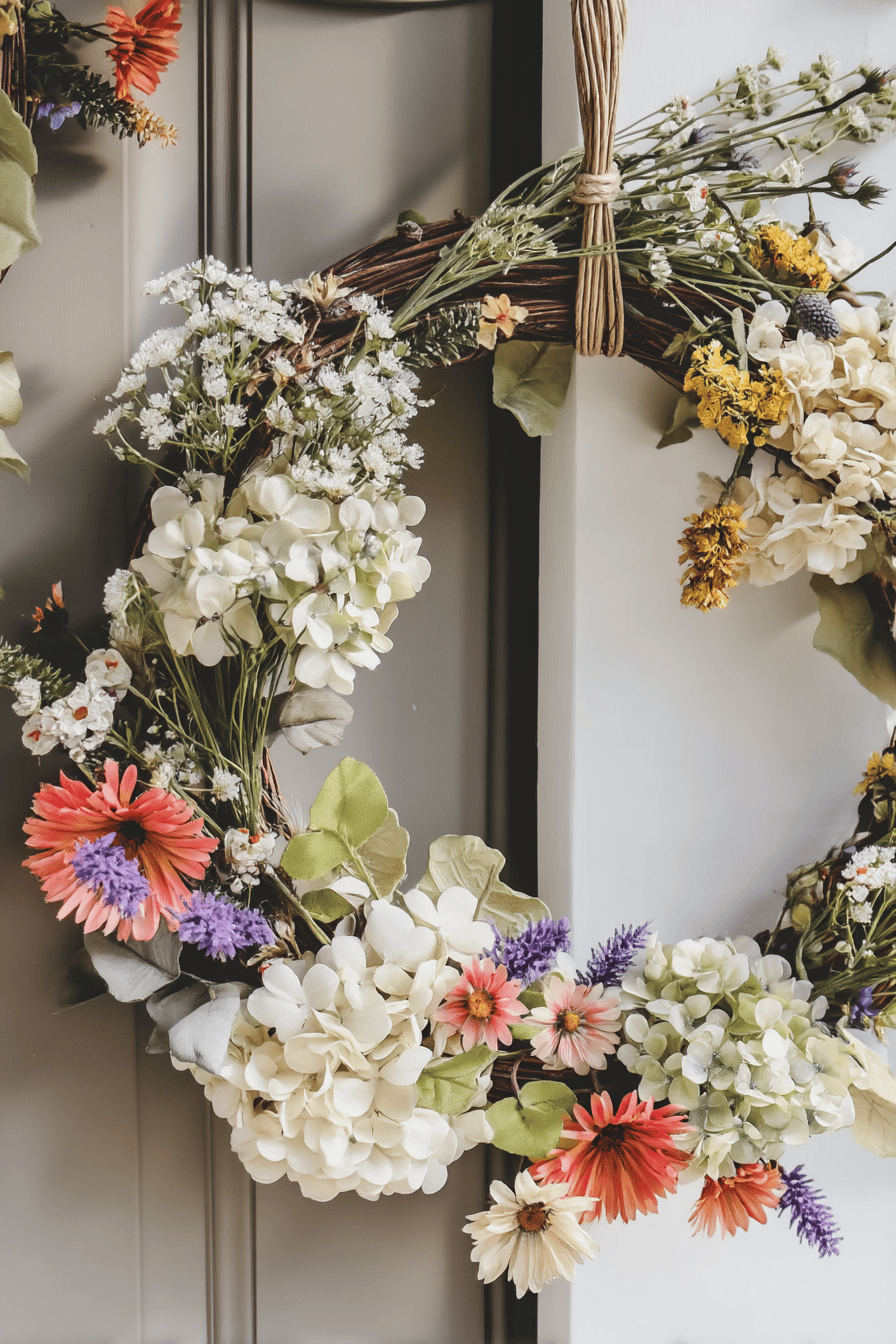 Ein dekorativer Korkenzieherweidenkranz mit bunten Blüten wie Hortensien und Wildblumen.