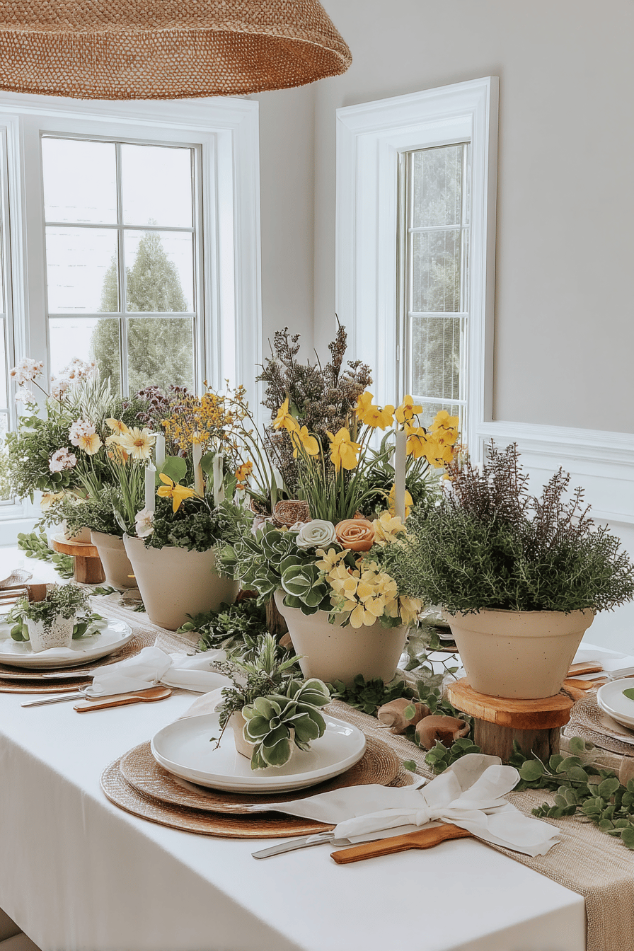 Ein festlich dekorierter Tisch mit verschiedenen Kräutern und Blumen.
