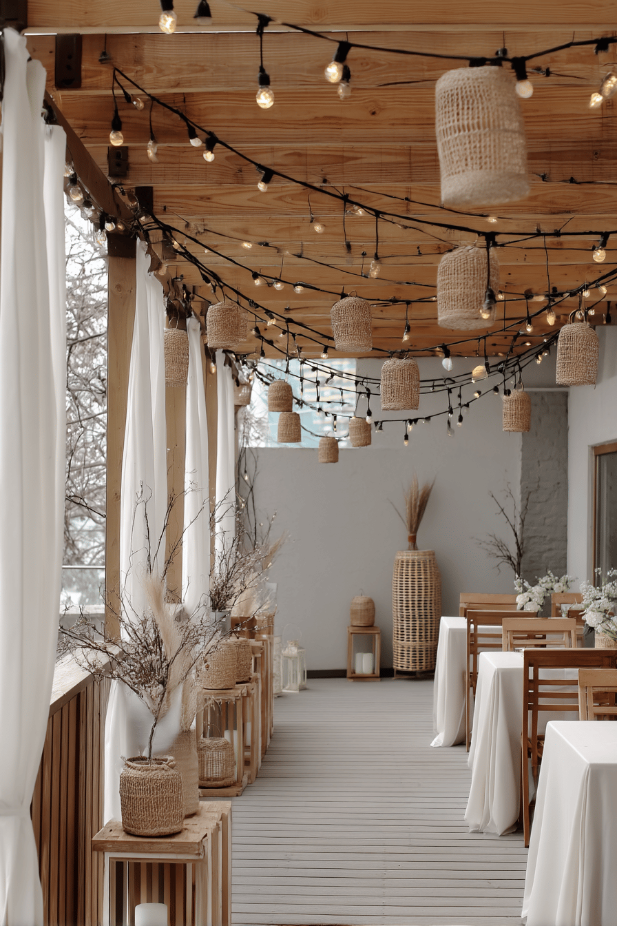 Hochzeits-Terrasse mit Lichterketten und Lampions unter einer Holzüberdachung.