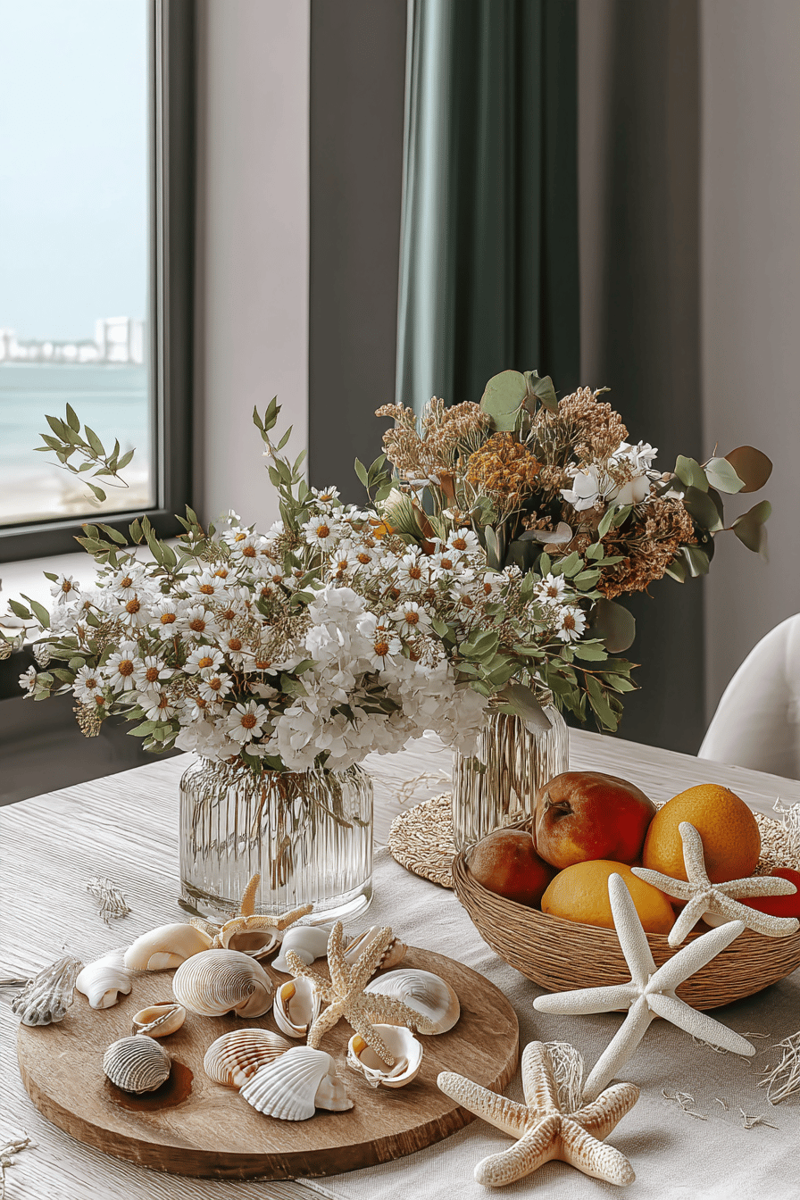 Ein Tisch mit Muscheln, Seesternen, Blumen und Obst als Dekoration.