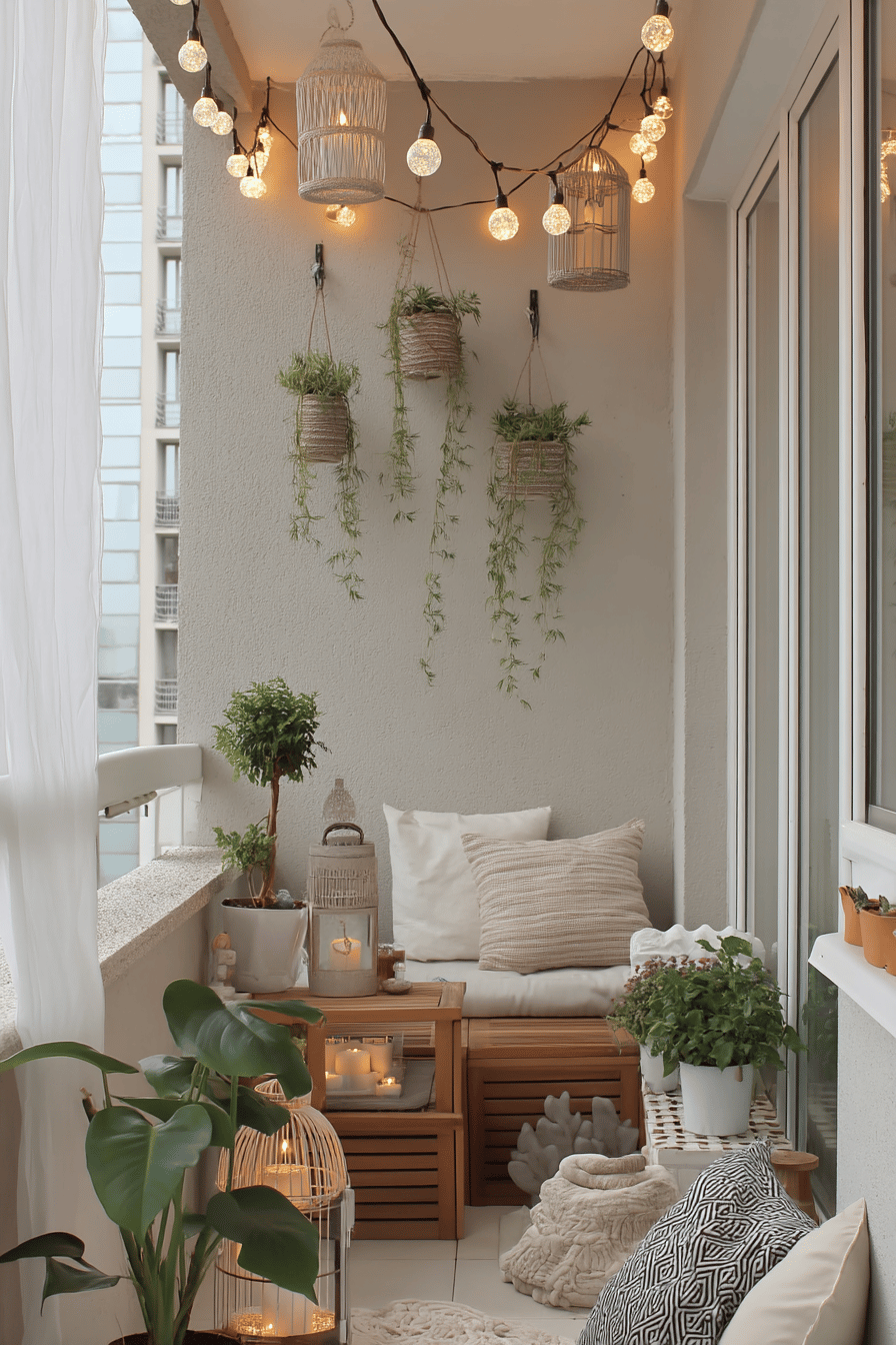 Ein kleiner Balkon mit Hängelichtern und Pflanzen in gemütlicher Atmosphäre.