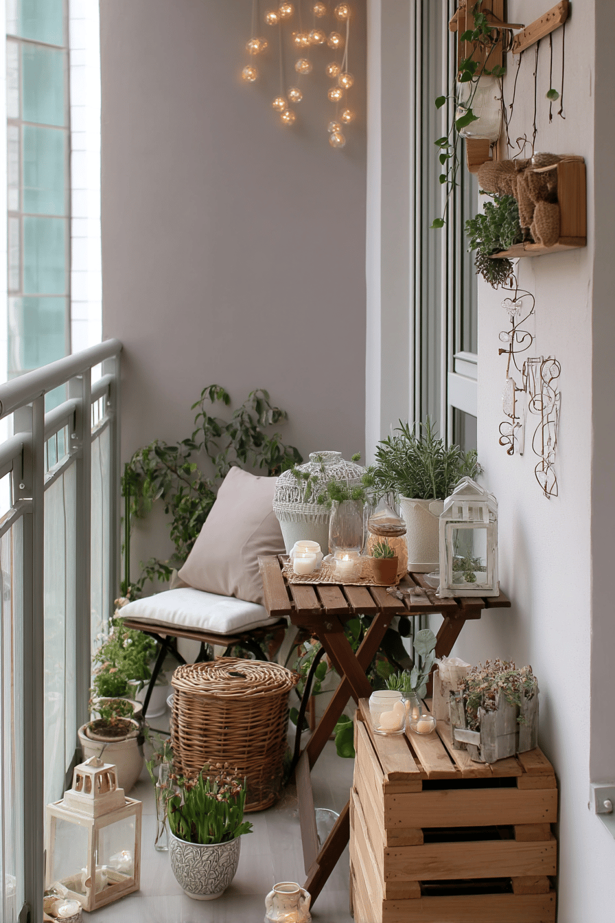 Ein kleiner Balkon mit einem Tisch, Pflanzen, Kissen und stimmungsvoller Beleuchtung.