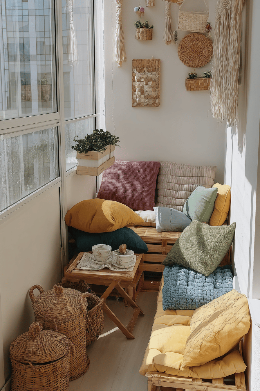 Ein kleiner Balkon mit bunten Kissen, Decken und Pflanzen.