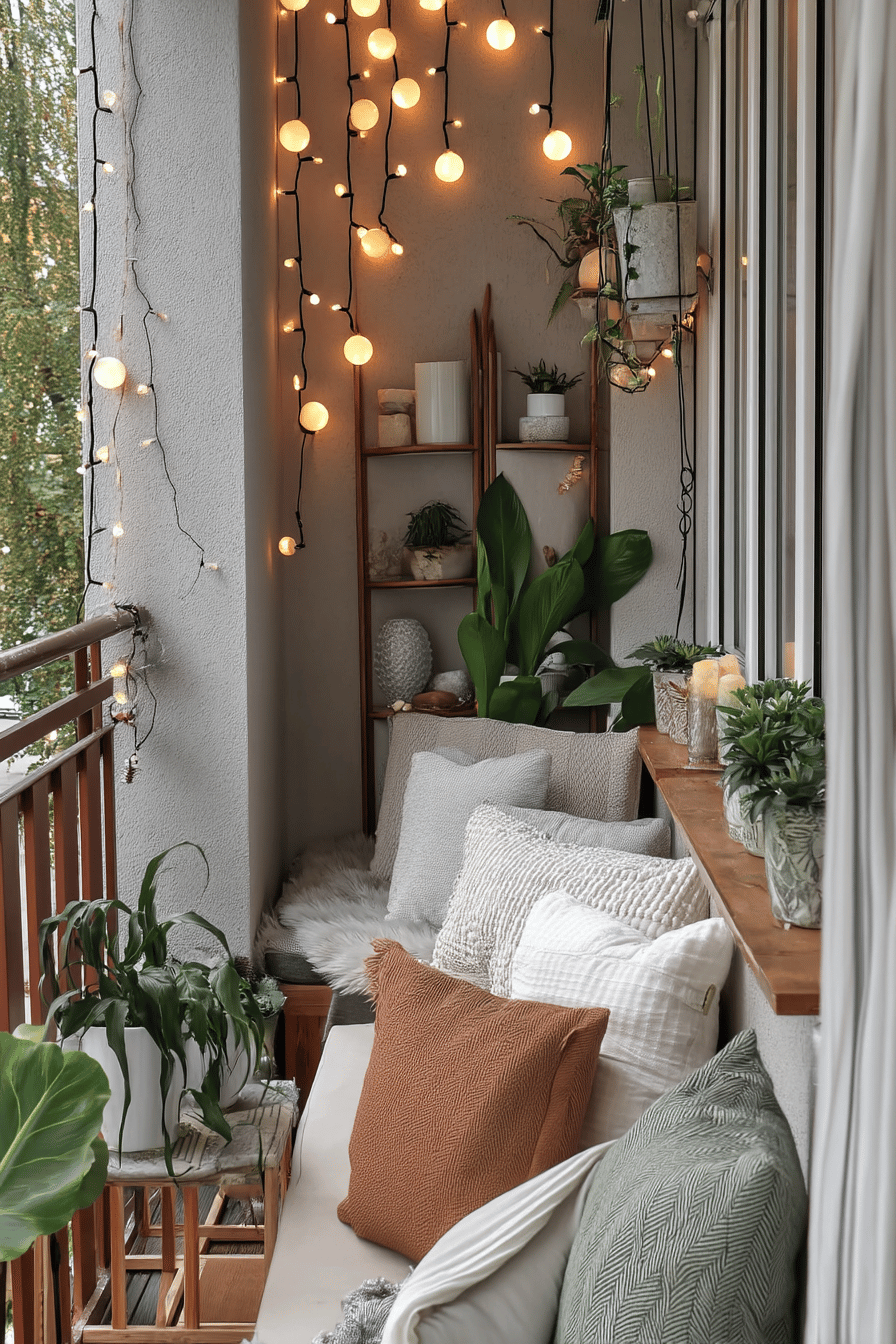 Ein gemütlicher Mini-Balkon mit Lichterketten, Kissen und Pflanzen.