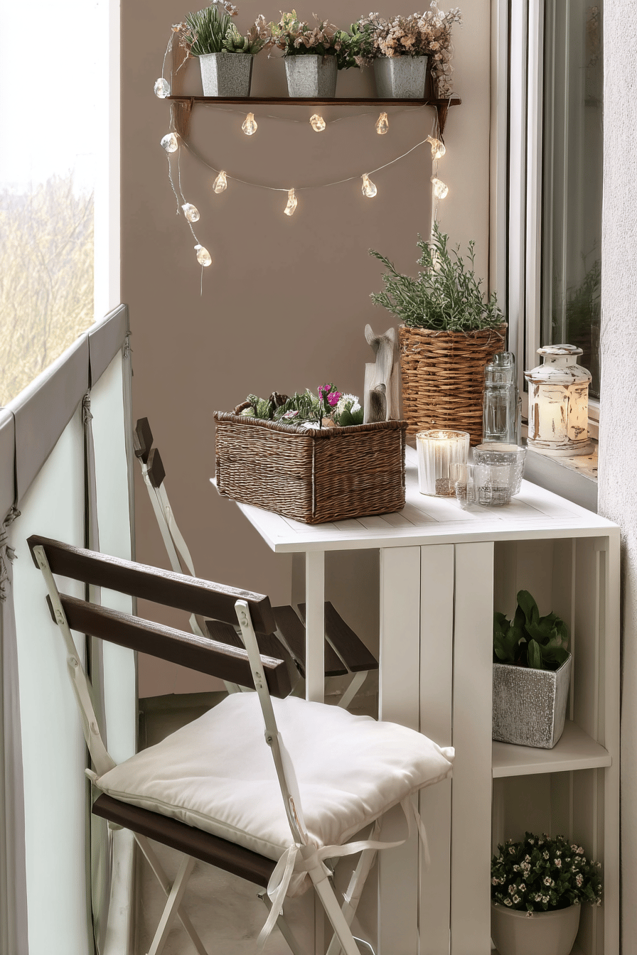 Ein kleiner Balkon mit klappbarem Tisch, Stuhl und dekorativen Pflanzen.