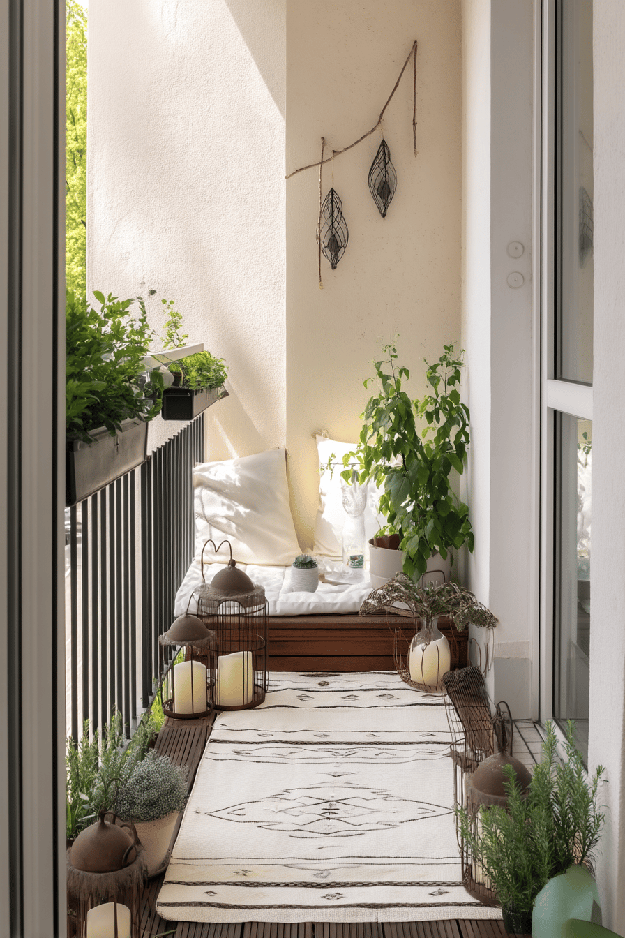 Ein kleiner Balkon mit einem gemusterten Outdoor-Teppich und Pflanzen.