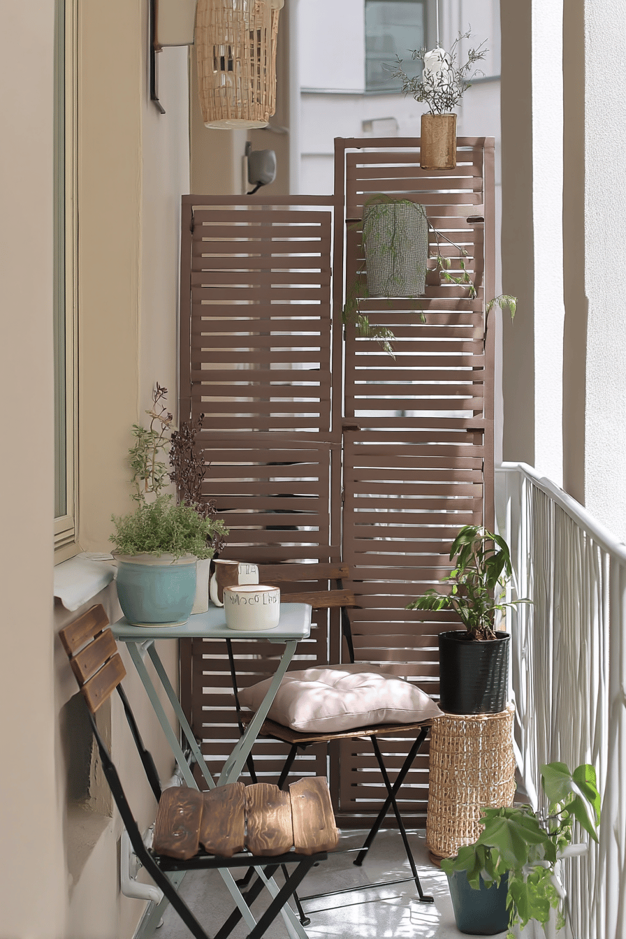 Ein kleiner Balkon mit Sitzmöbeln, Pflanzen und einem Sichtschutz.