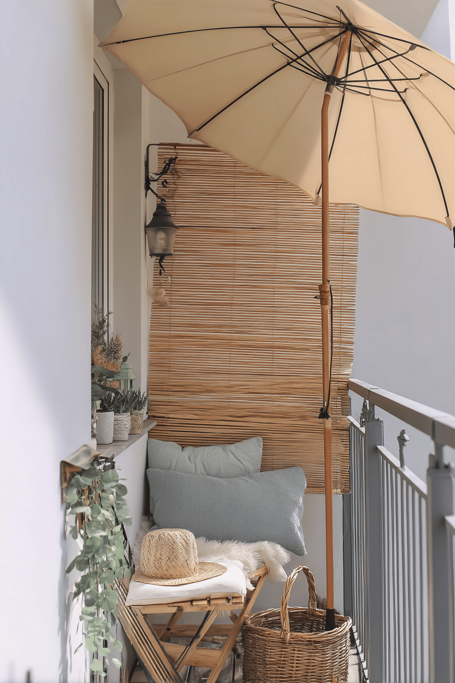 Kleiner Balkon mit Sonnenschirm, Sitzkissen und Pflanzen.