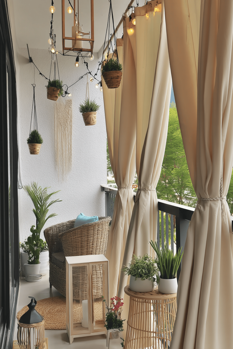 Ein stilvoll dekorierter Balkon mit Vorhängen, hängenden Pflanzen und Lichterketten.