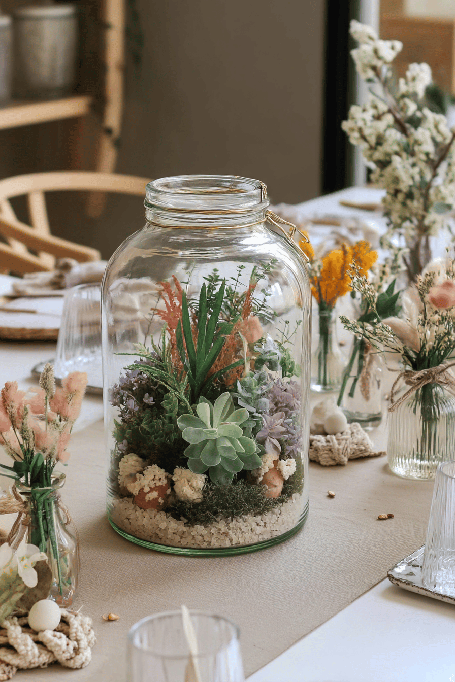 Ein Glasgefäß mit einem hübschen Mini-Garten aus Sukkulenten und Blumen auf einem Tisch.
