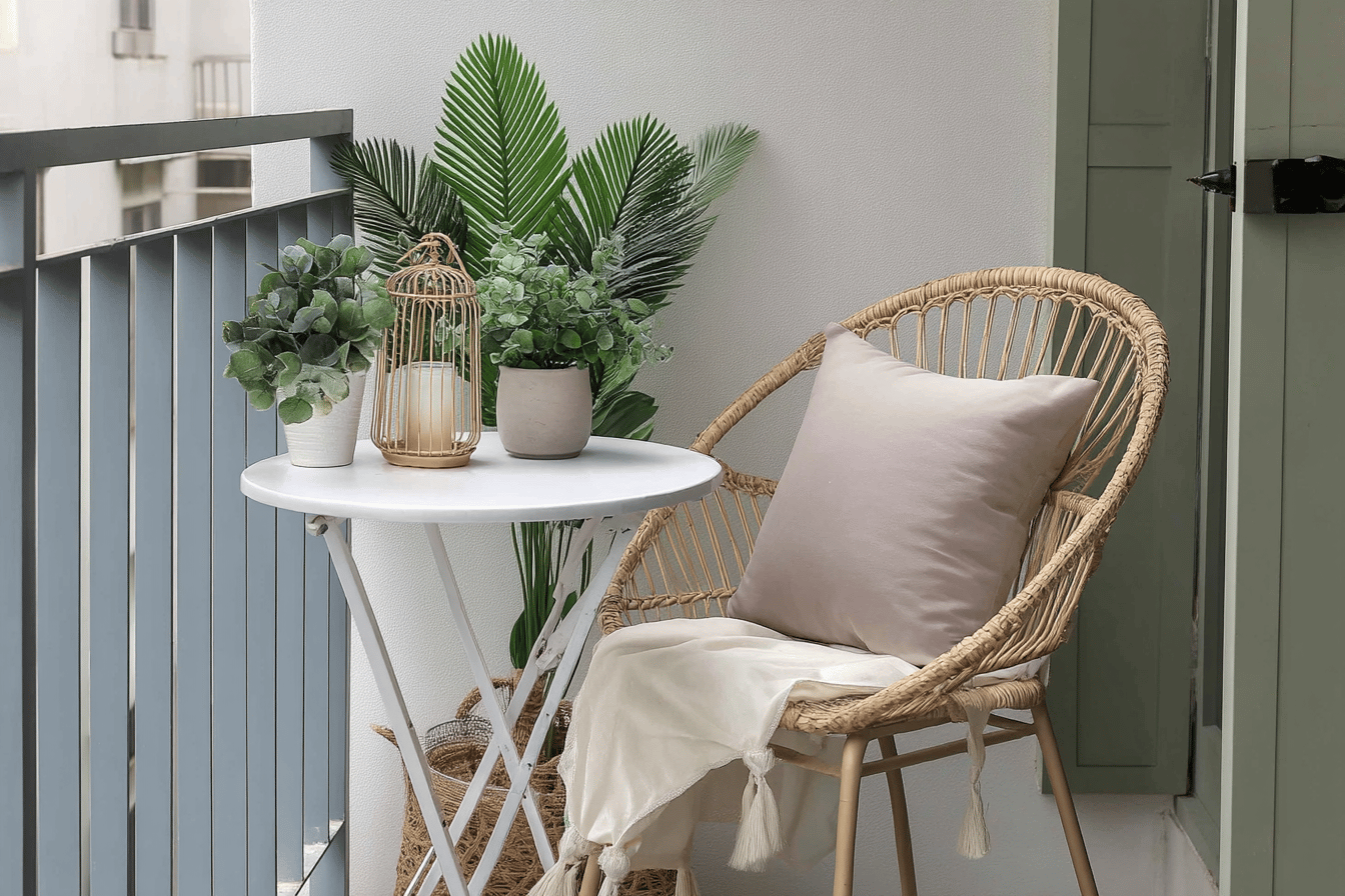 Gemütlicher Balkon mit Pflanzen und Korbstuhl