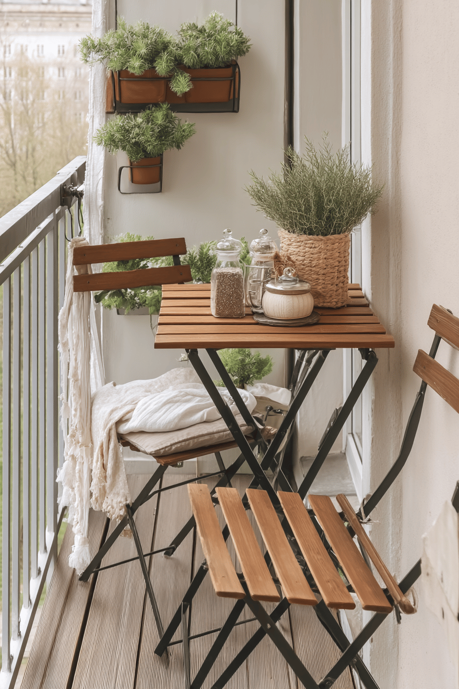 Kleiner Balkon mit klappbarem Holztisch, zwei Stühlen und Pflanzen.