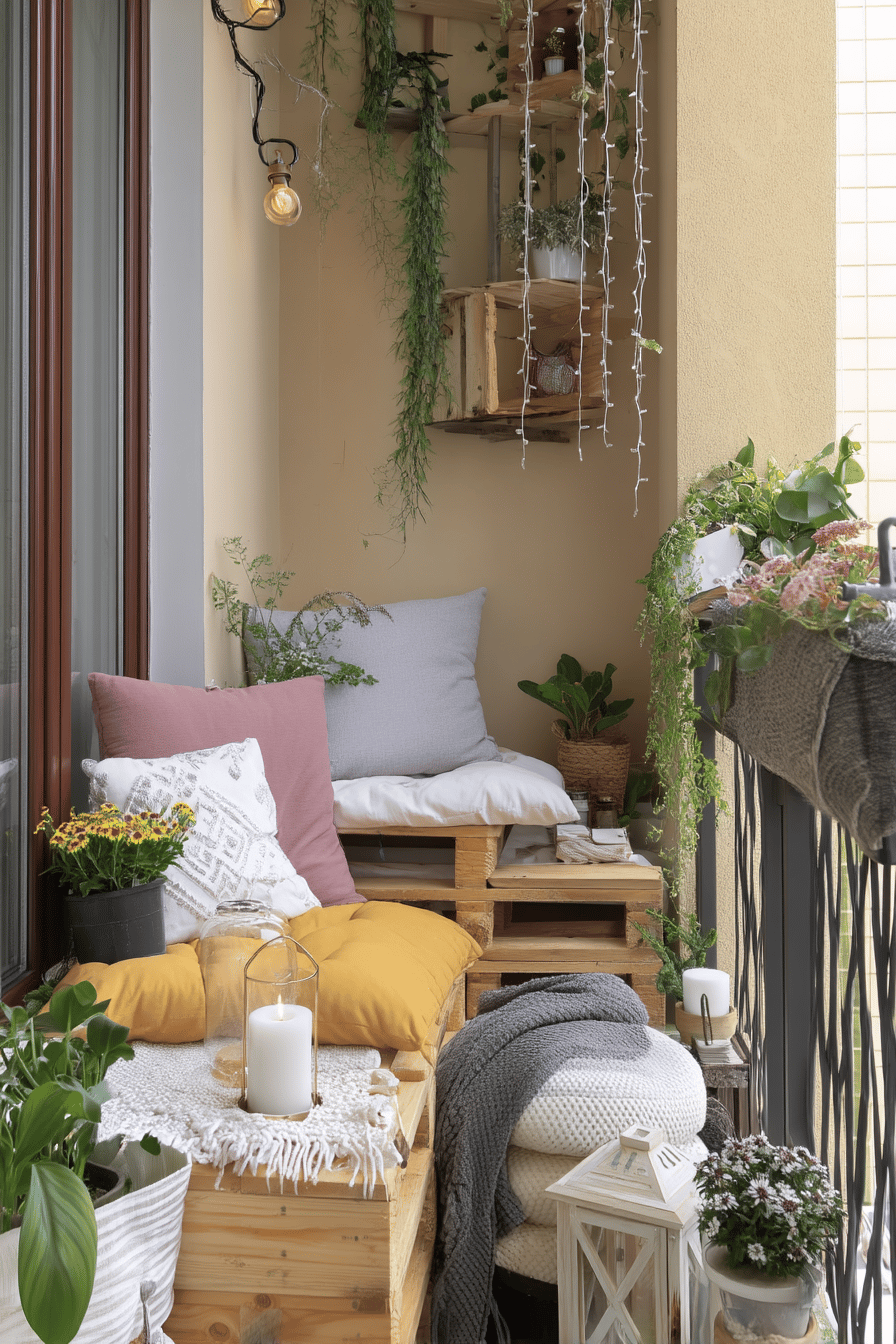 Kleiner Balkon mit Palettenmöbeln, Kissen und Pflanzen in gemütlichem Ambiente.