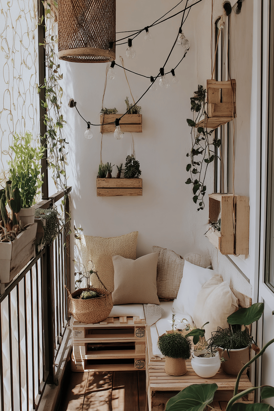 Ein gemütlicher Balkon mit recycelten Holzpaletten, Pflanzen und Lichterketten.
