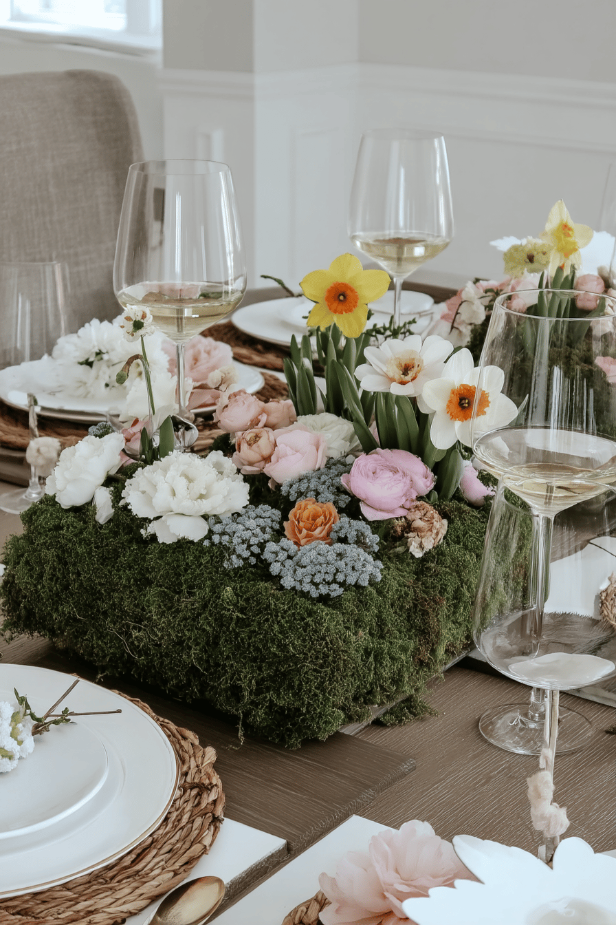 Ein Esstisch dekoriert mit Moos, Frühlingsblumen und Weingläsern.