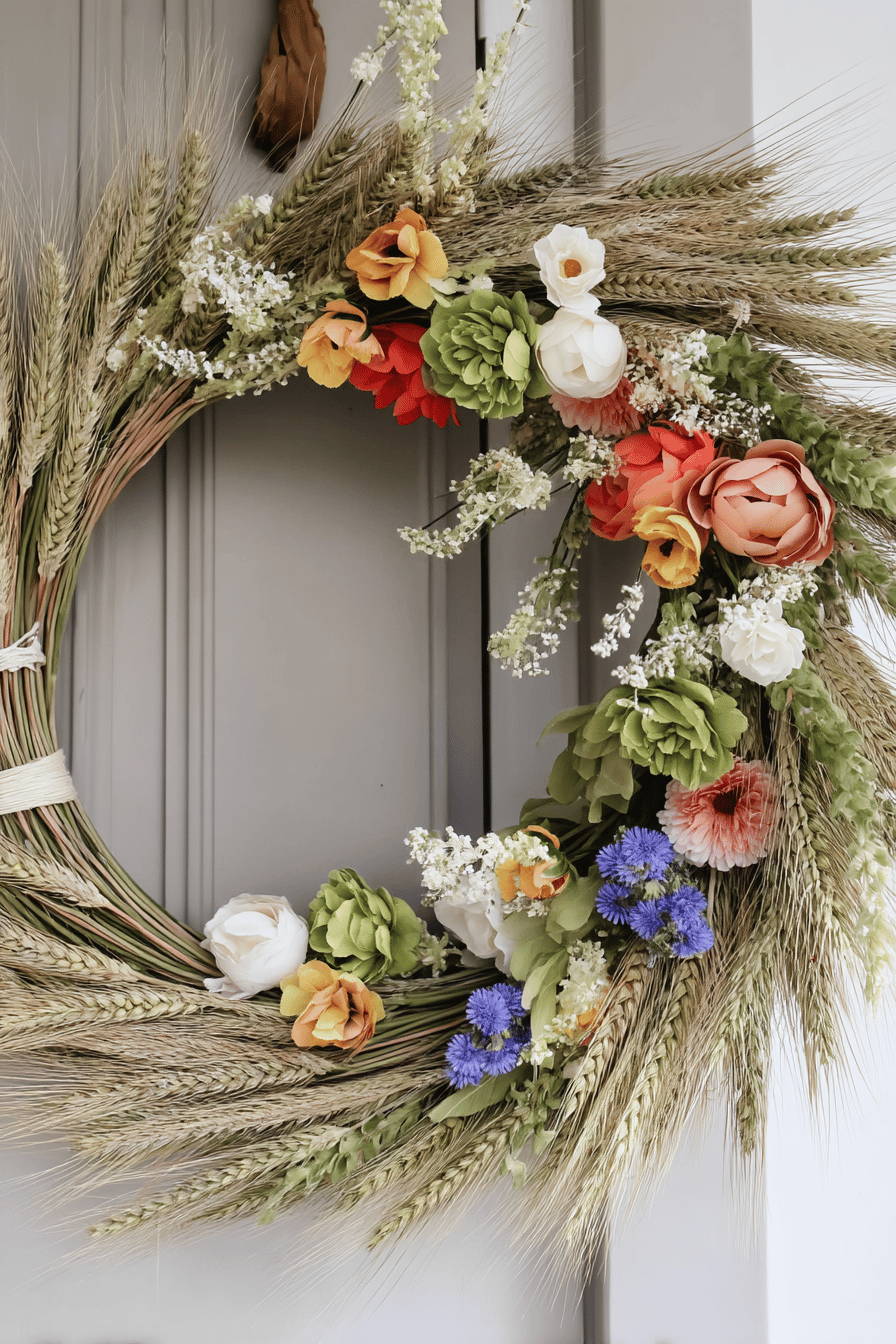 Türkranz aus Ähren, Gräsern und bunten Blumen.