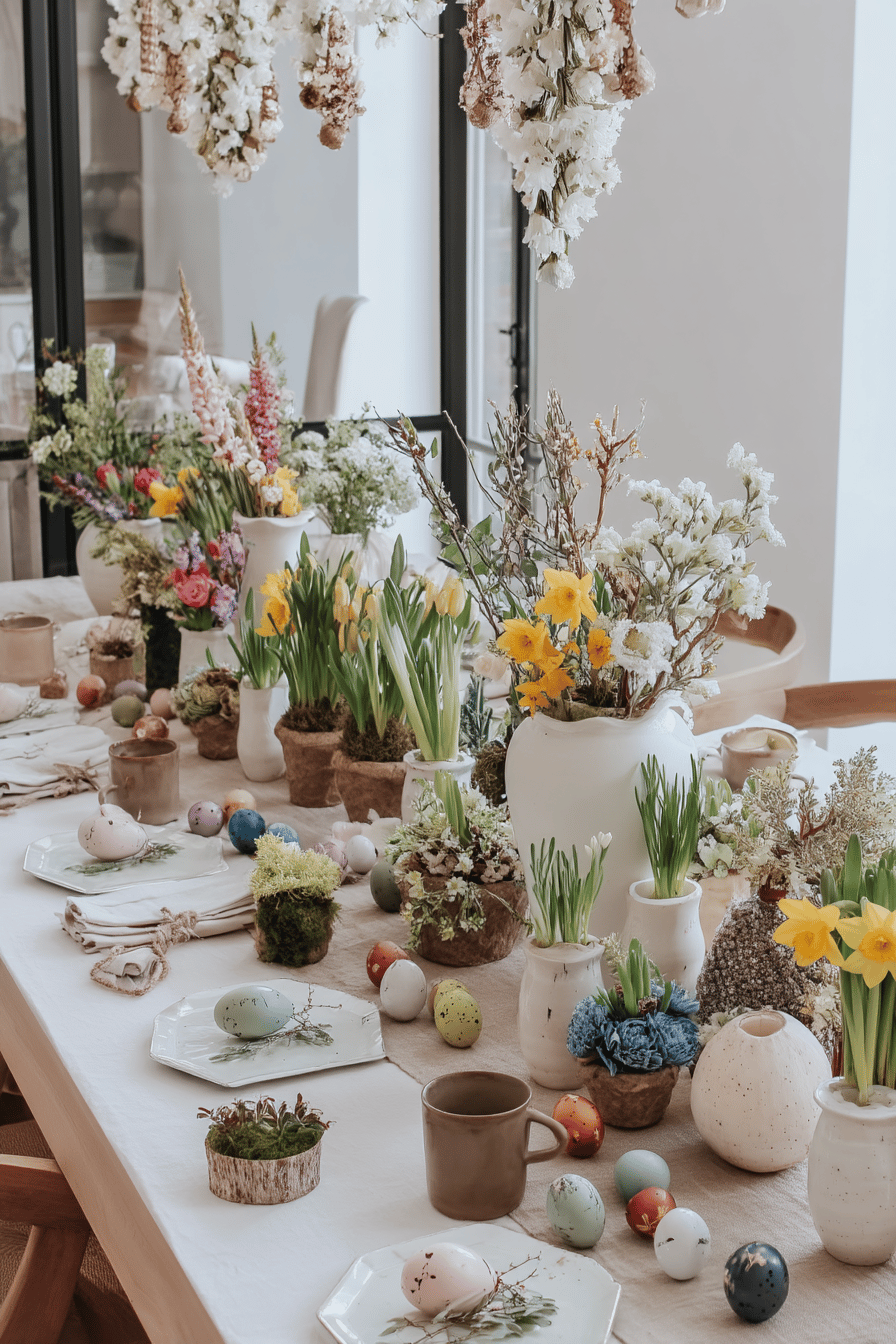 Ein festlich dekorierter Tisch mit Blumen, bunten Eiern und Keramikvasen.