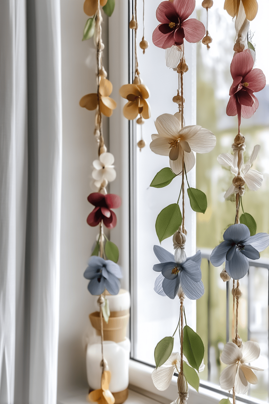Bunte Papierblumen-Girlanden hängen bei Tageslicht vor einem Fenster.