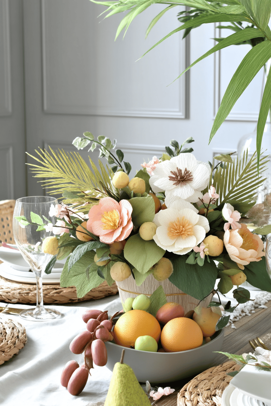 Tischdekoration mit Papierblumen und Früchten auf einem sommerlichen Tisch.