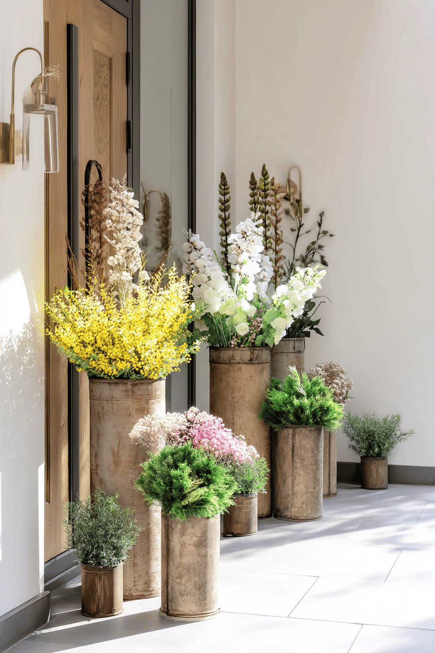 Mehrere Pflanzkübel aus Metall, gefüllt mit bunten Blumen, stehen dekorativ vor einer Hauseingangstür.
