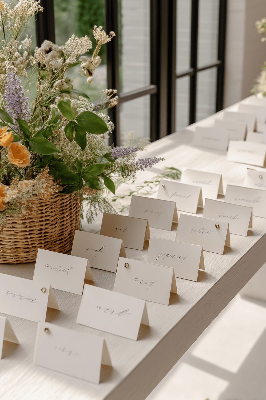 Platzkarten aus Papier neben einem Korb mit Blumen auf einem Tisch.