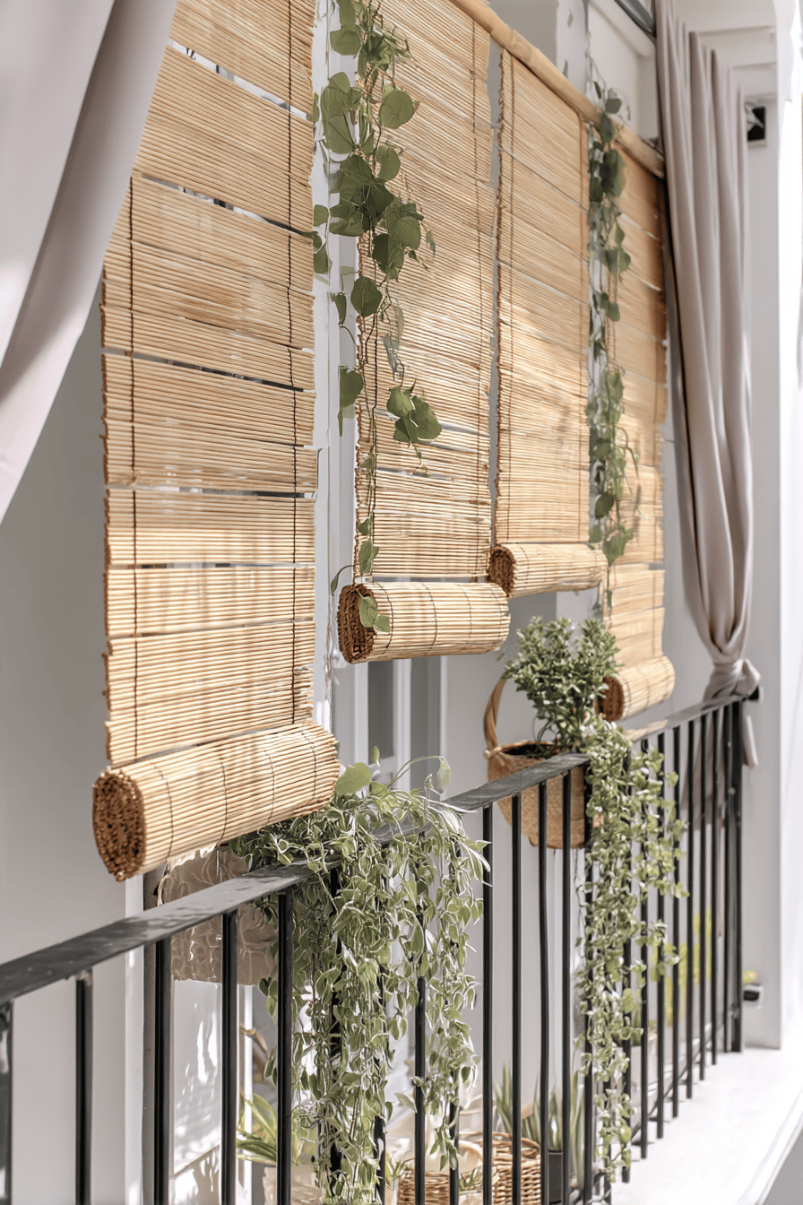Bambus-Rollos an einem Balkon mit Pflanzen als Sichtschutz.