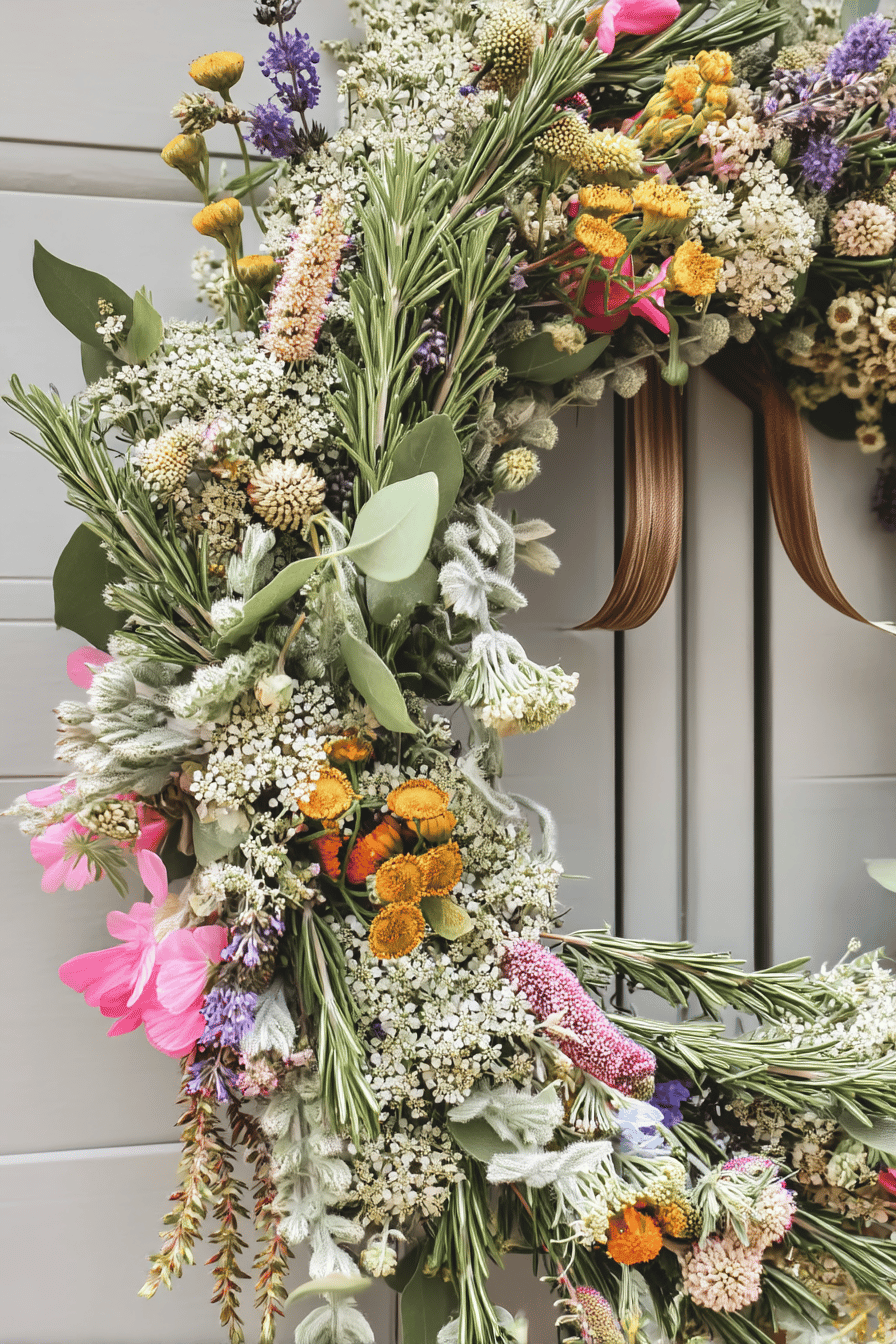 Ein Türkranz aus Rosmarin, bunten Blumen und grünen Blättern.